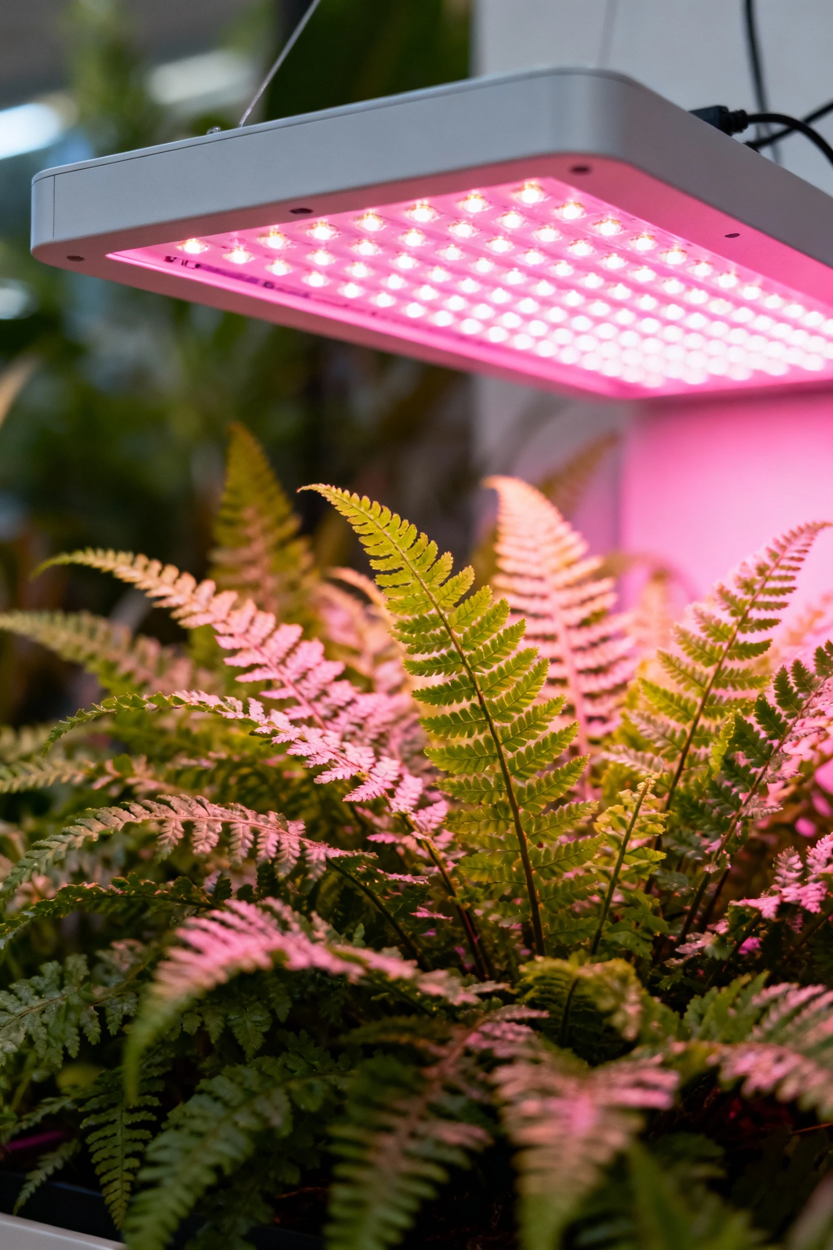 closeup LED grow light panel over clustered ferns, pink glow