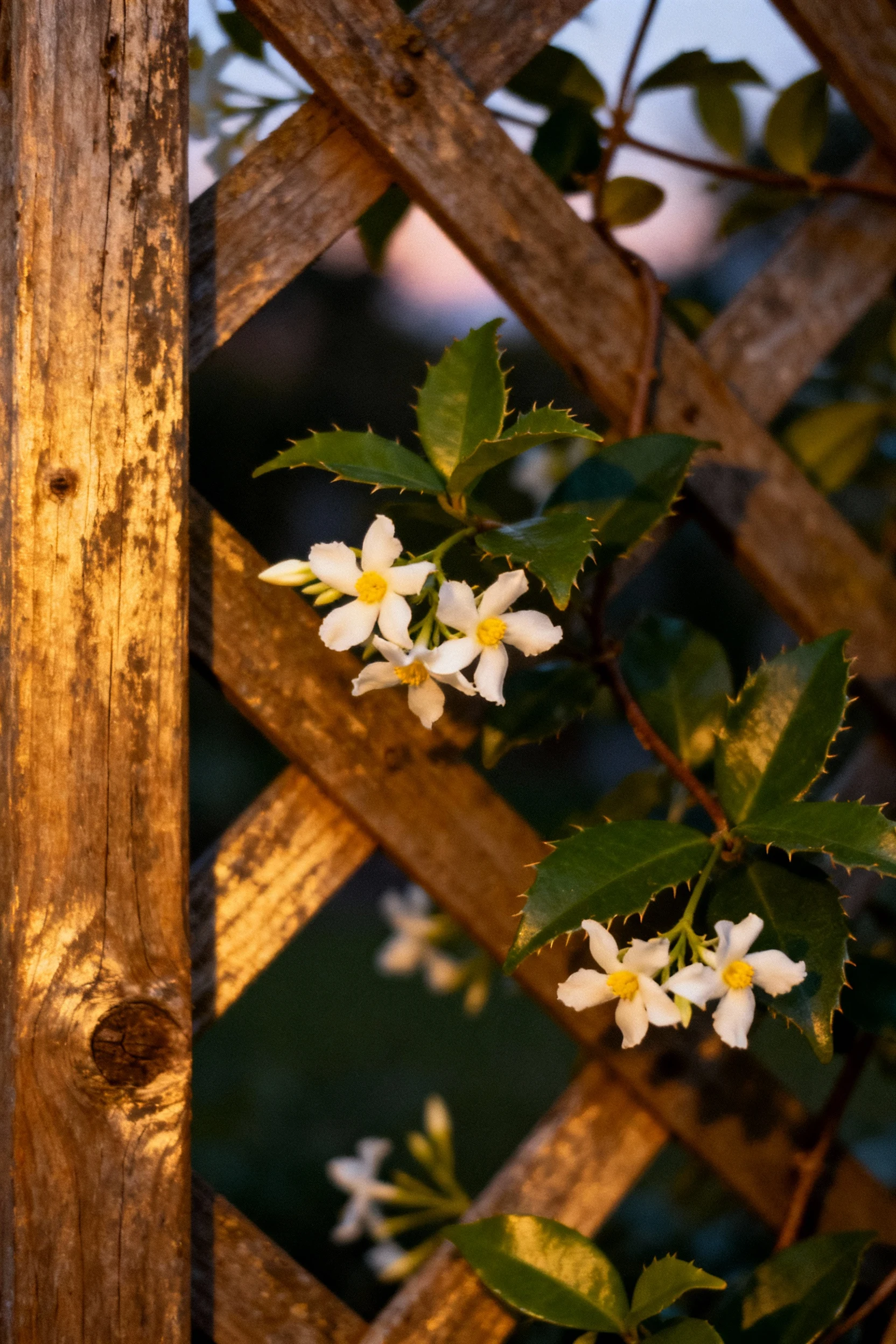 star jasmine vine climbing wooden trellis at dusk