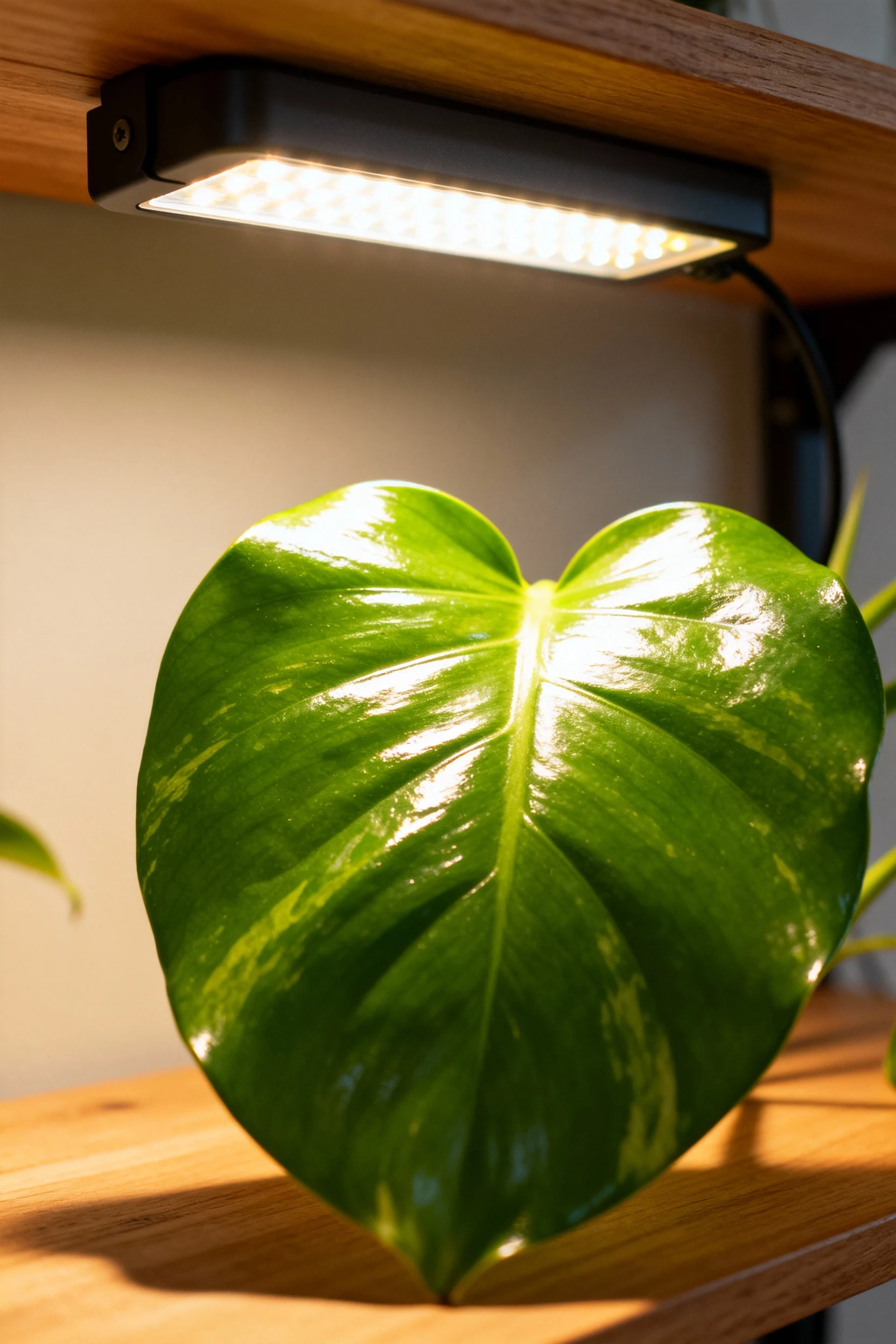 clip-on grow lights under shelves illuminating glossy leaves closeup