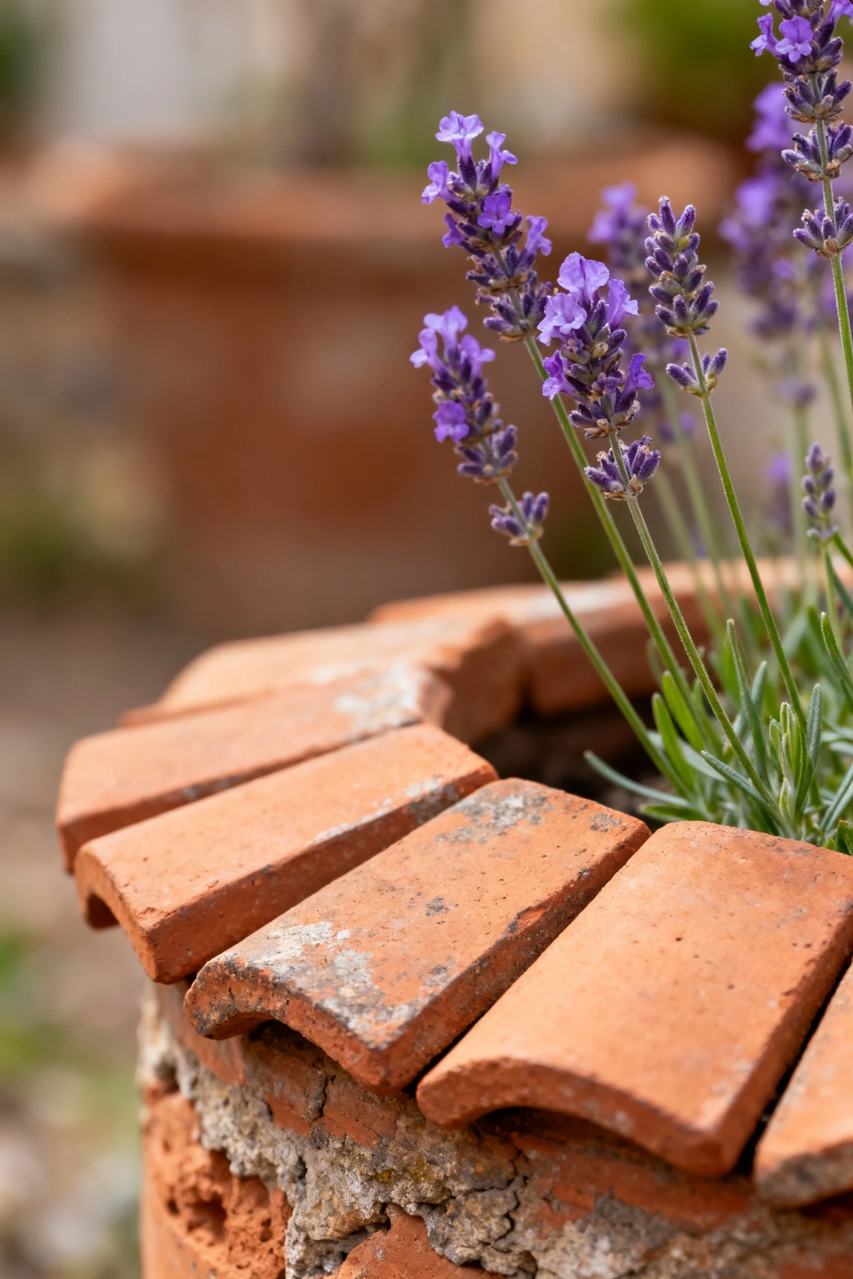 closeup terracotta tiles with rough-hewn planter and lavender