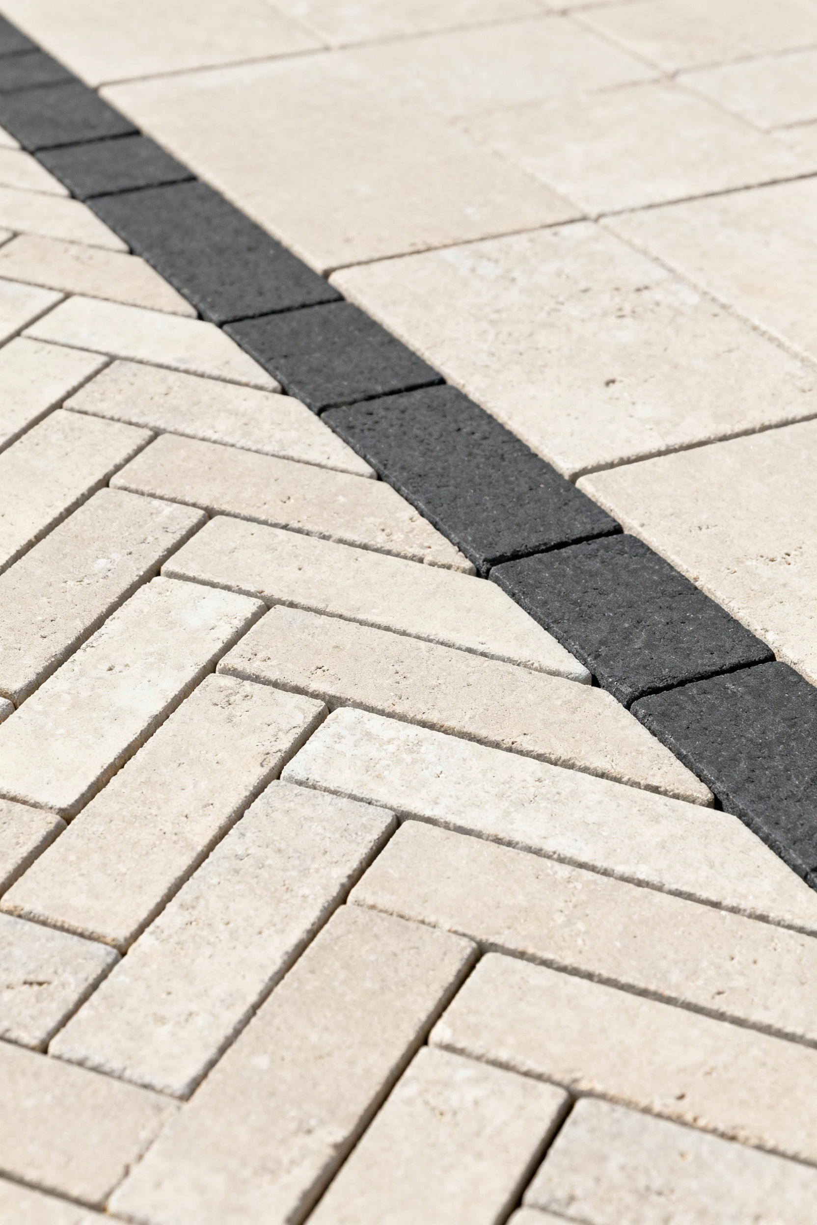Closeup herringbone 4x16 pavers, light taupe, charcoal border band