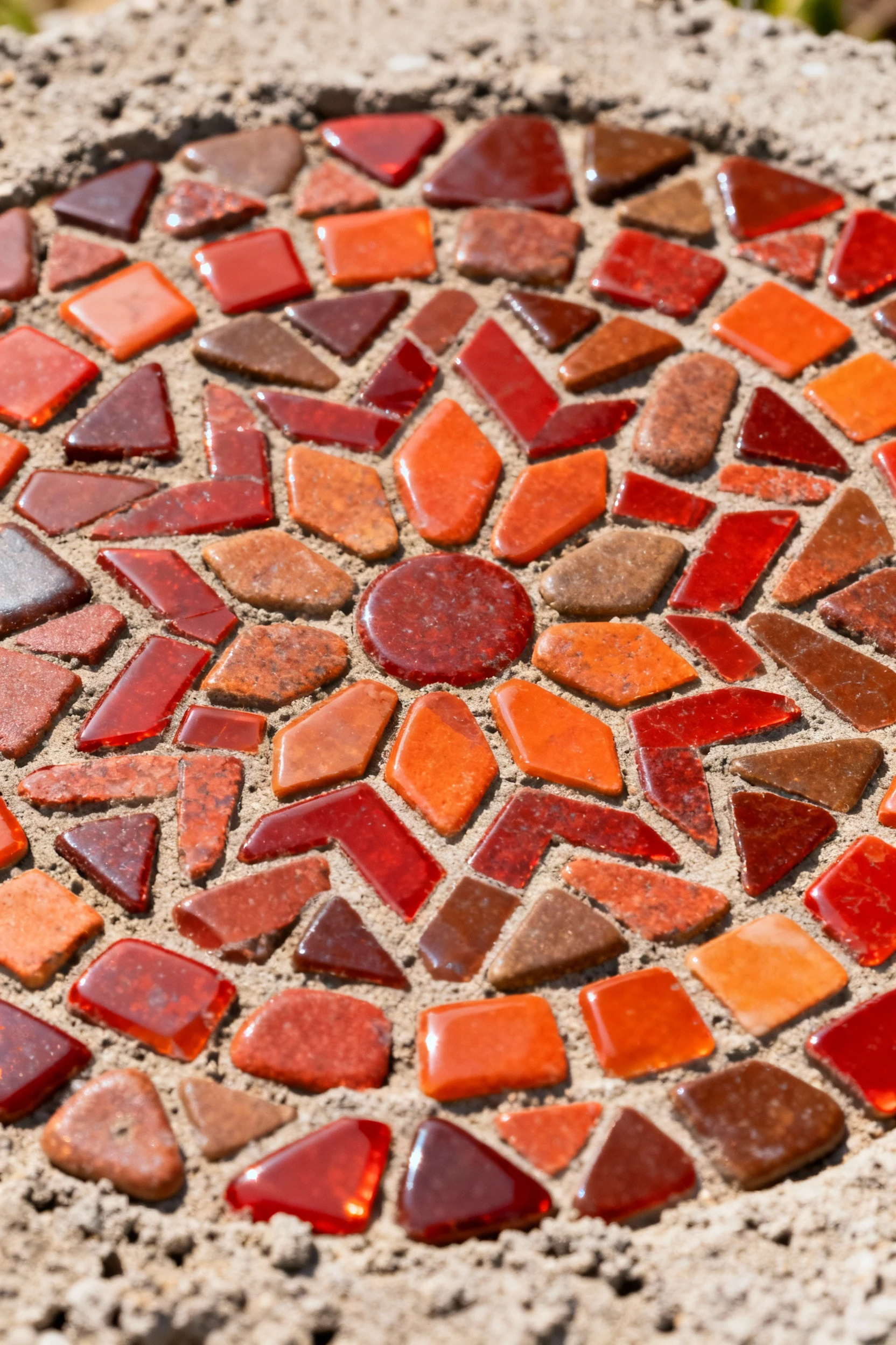 closeup polished pebble mosaic medallion set in mortar