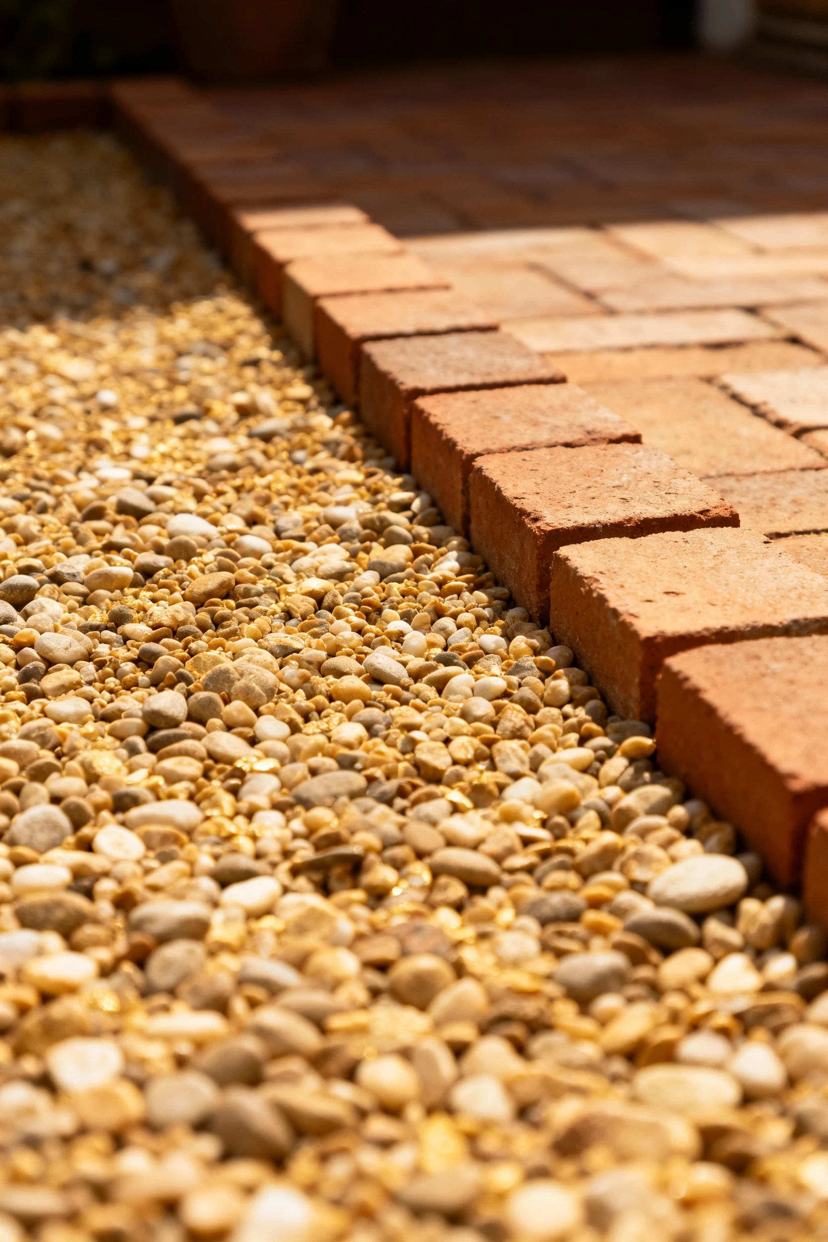 closeup pea gravel patio bordered by brick edge soldiers