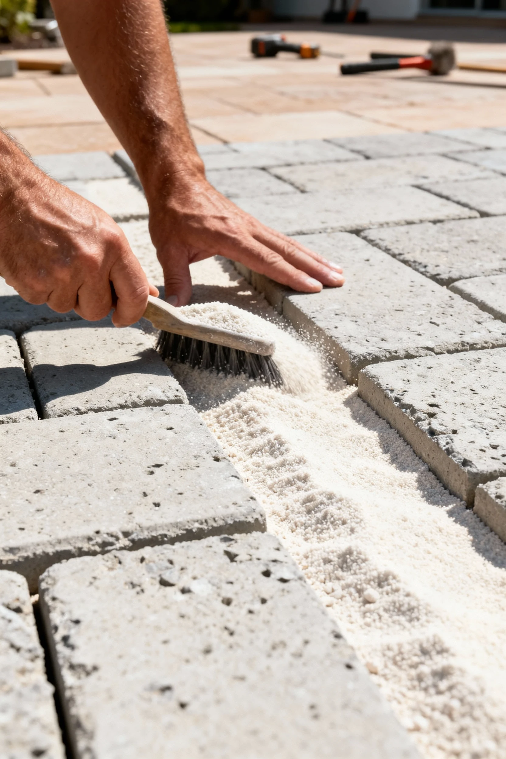 hands sweeping polymeric sand into concrete paver joints