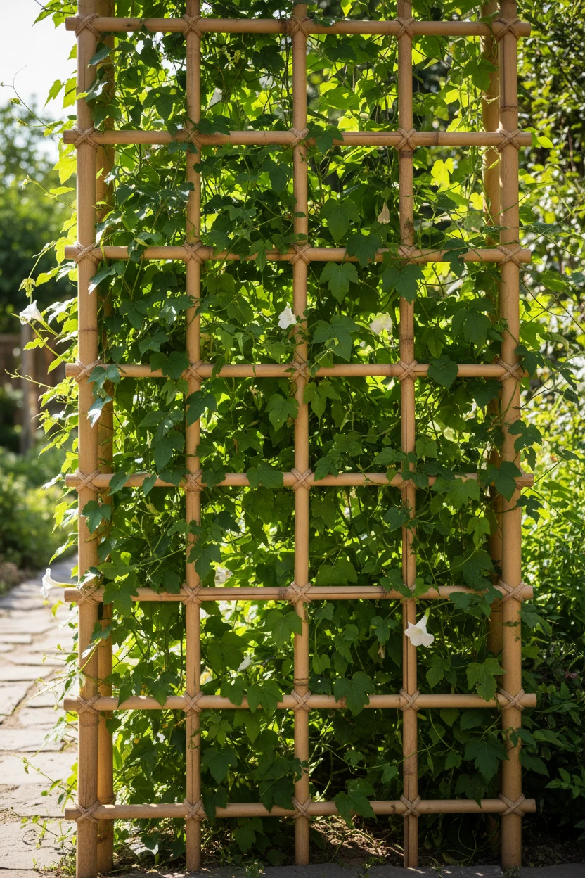 vertical bamboo trellis with green creeping plants in sunlight