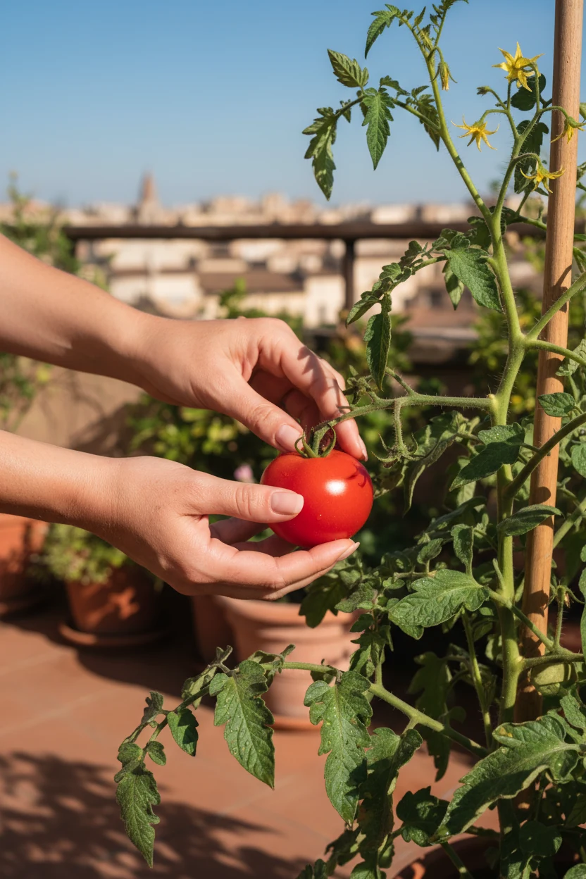 female hands twisting ripe red tomato from terrace plant