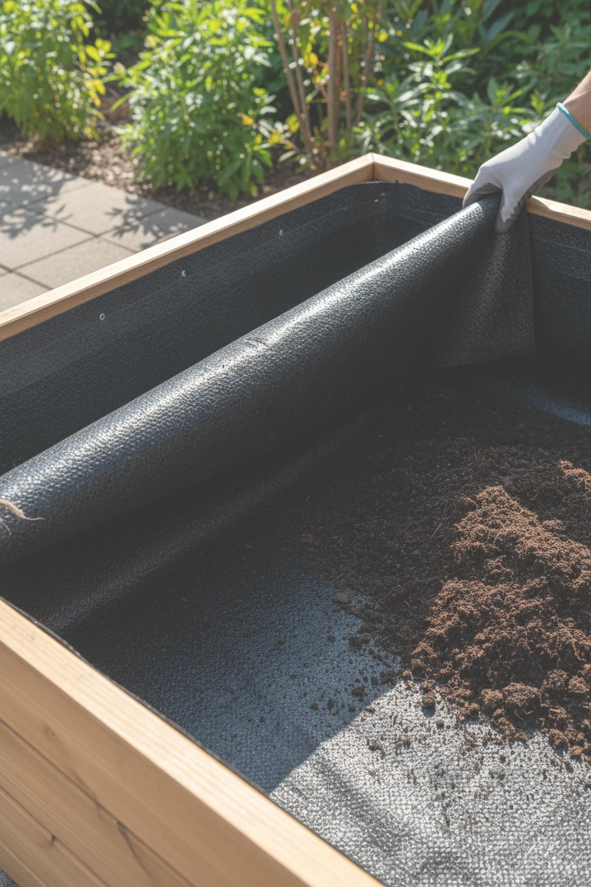 closeup of thick root barrier sheet being placed under soil in planter box