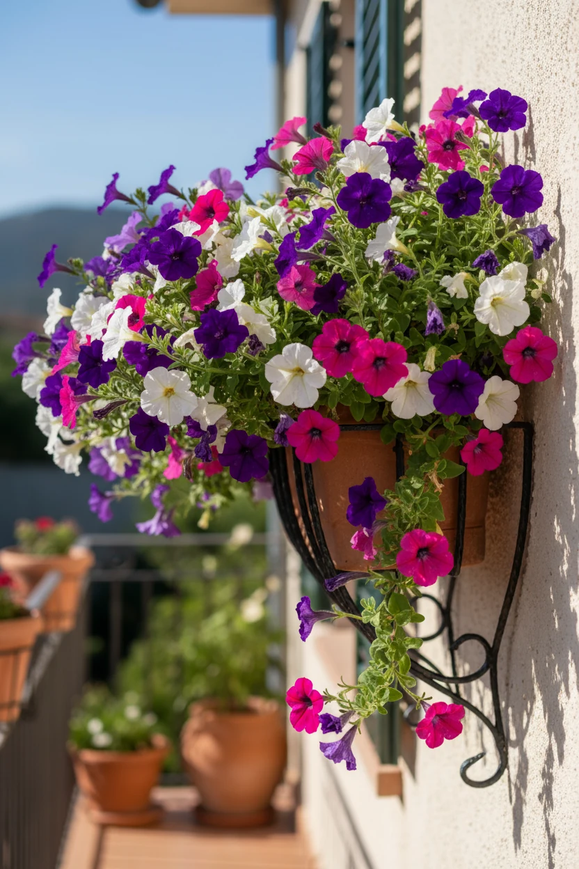 bright petunias in wall-mounted metal planter on sunny balcony