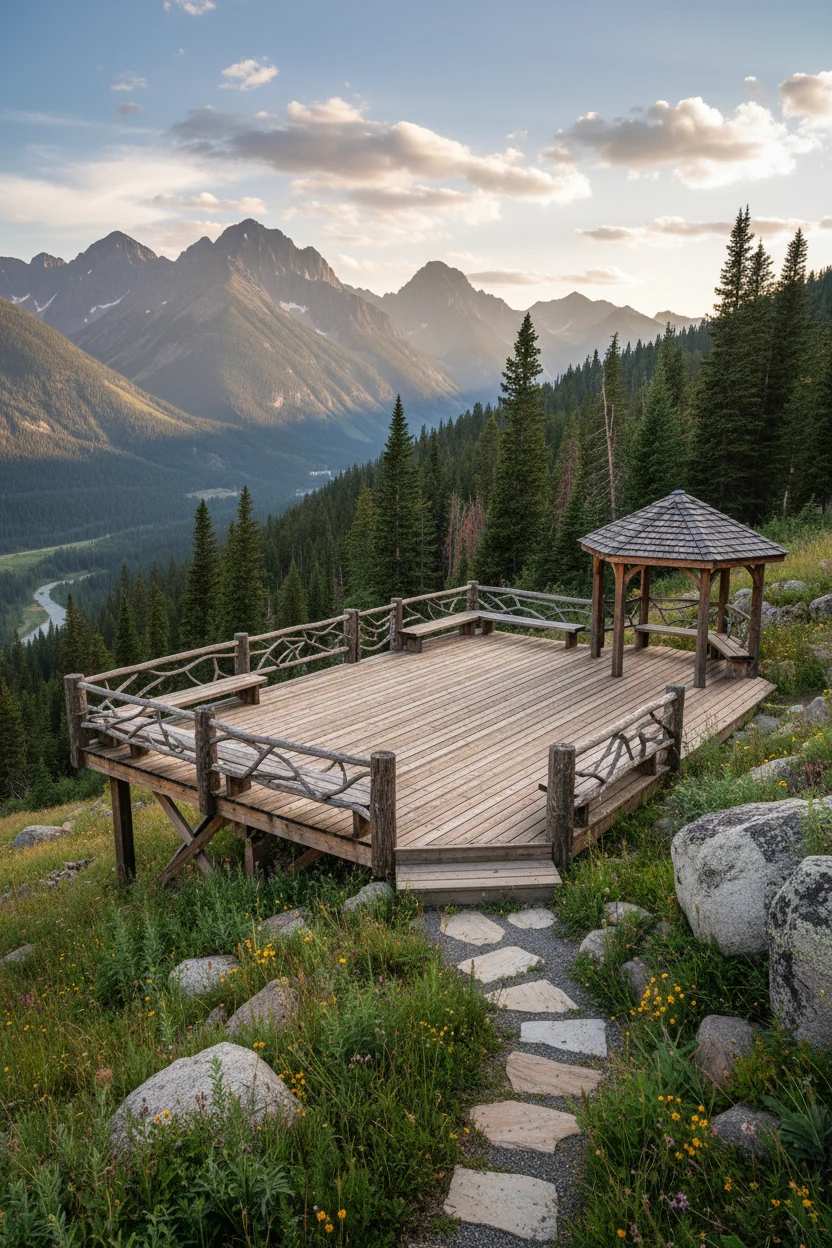 wooden deck halfway up slope with mountain view
