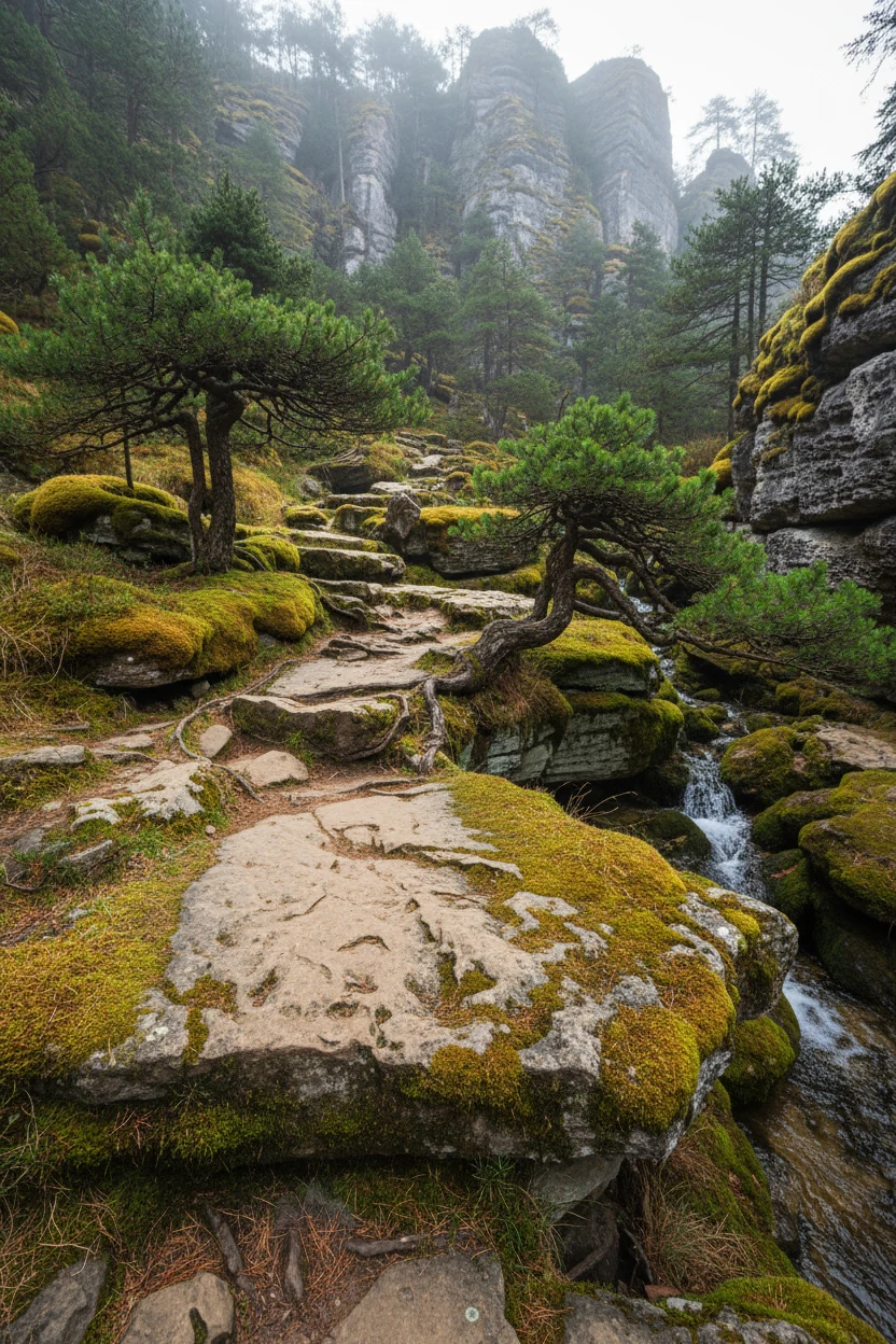 low angle shot of moss-covered limestone alongside dwarf conifers on slope