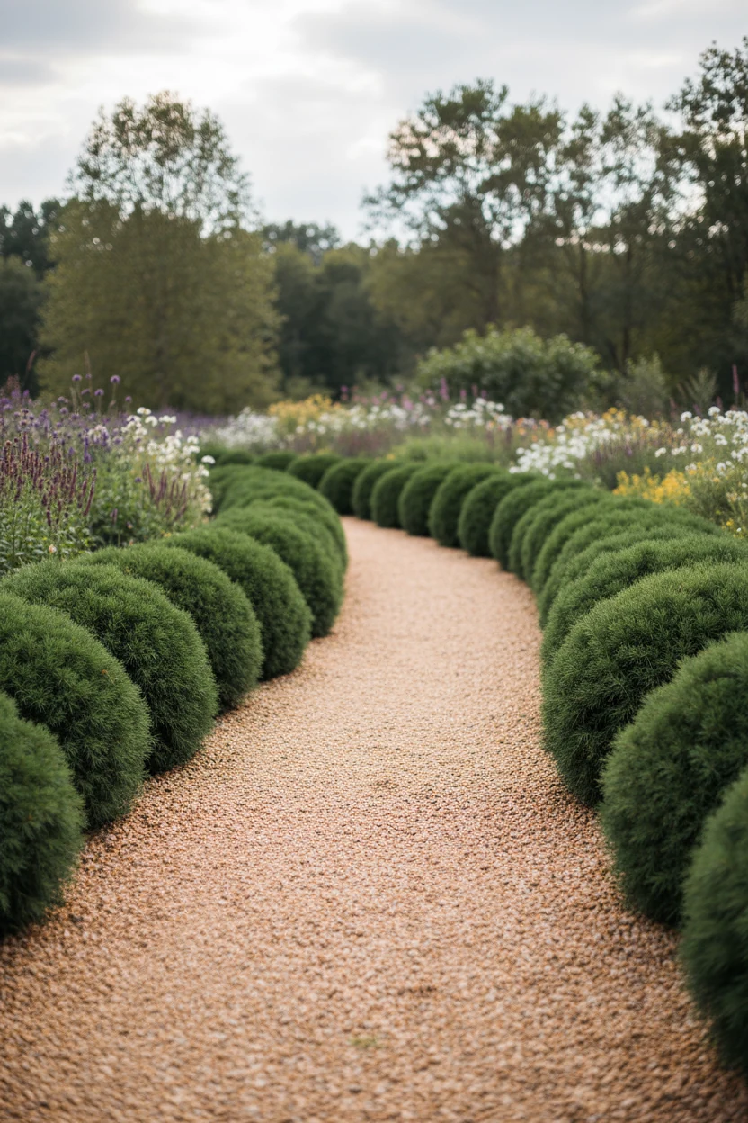 winding pea gravel path bordered by dwarf spruce shrubs