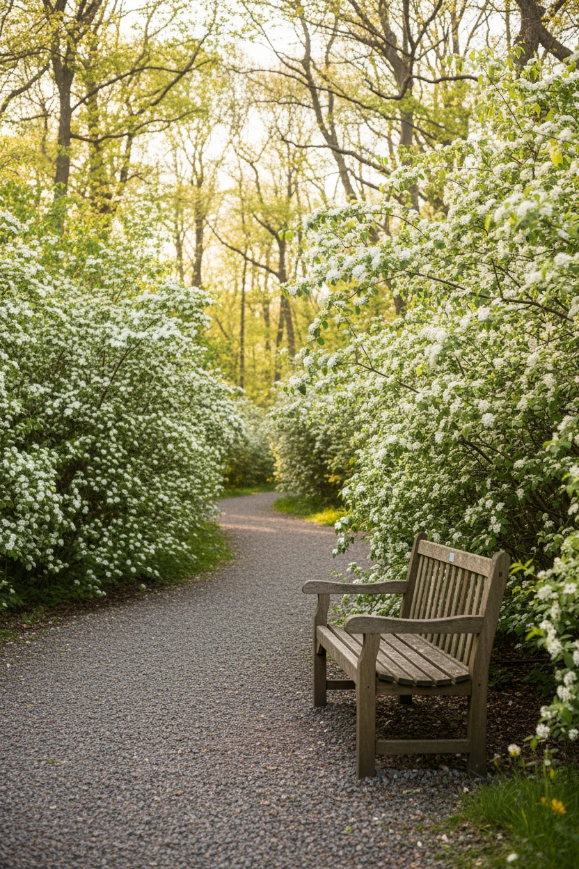 wooden bench beside gravel path with tall serviceberry shrubs in bloom