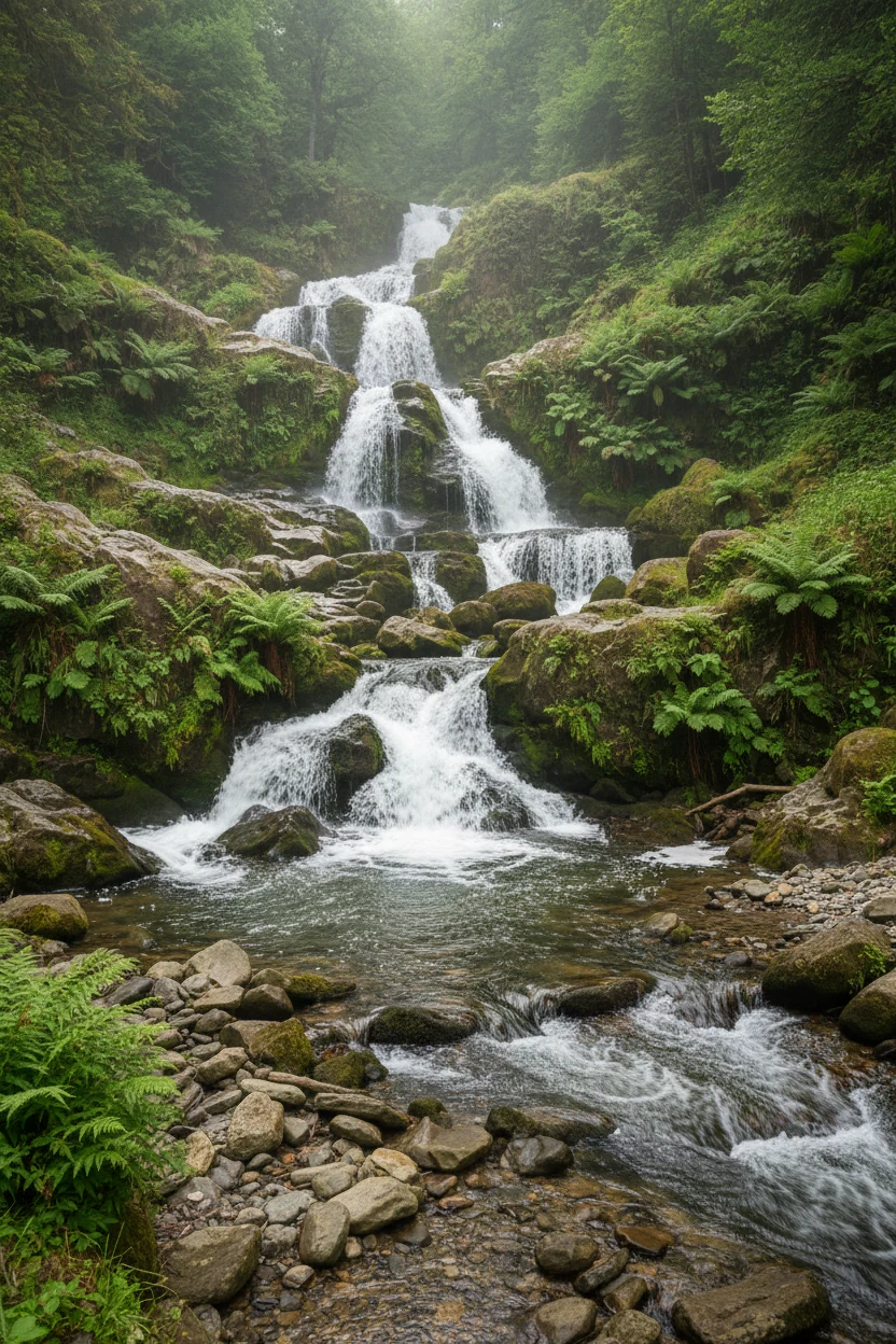 tiered waterfall on hillside with river rocks and ferns