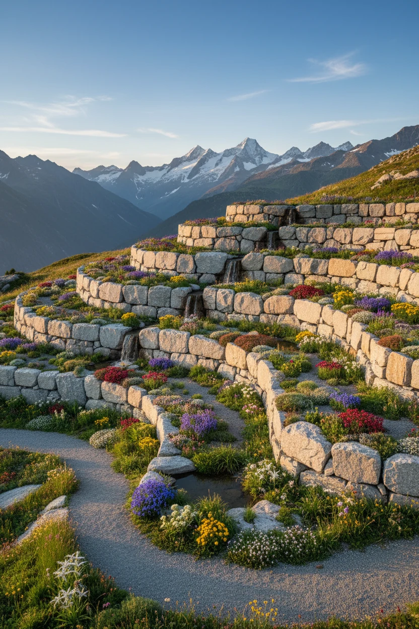 wide boulder-style retaining wall with curved tiers and alpine flowers