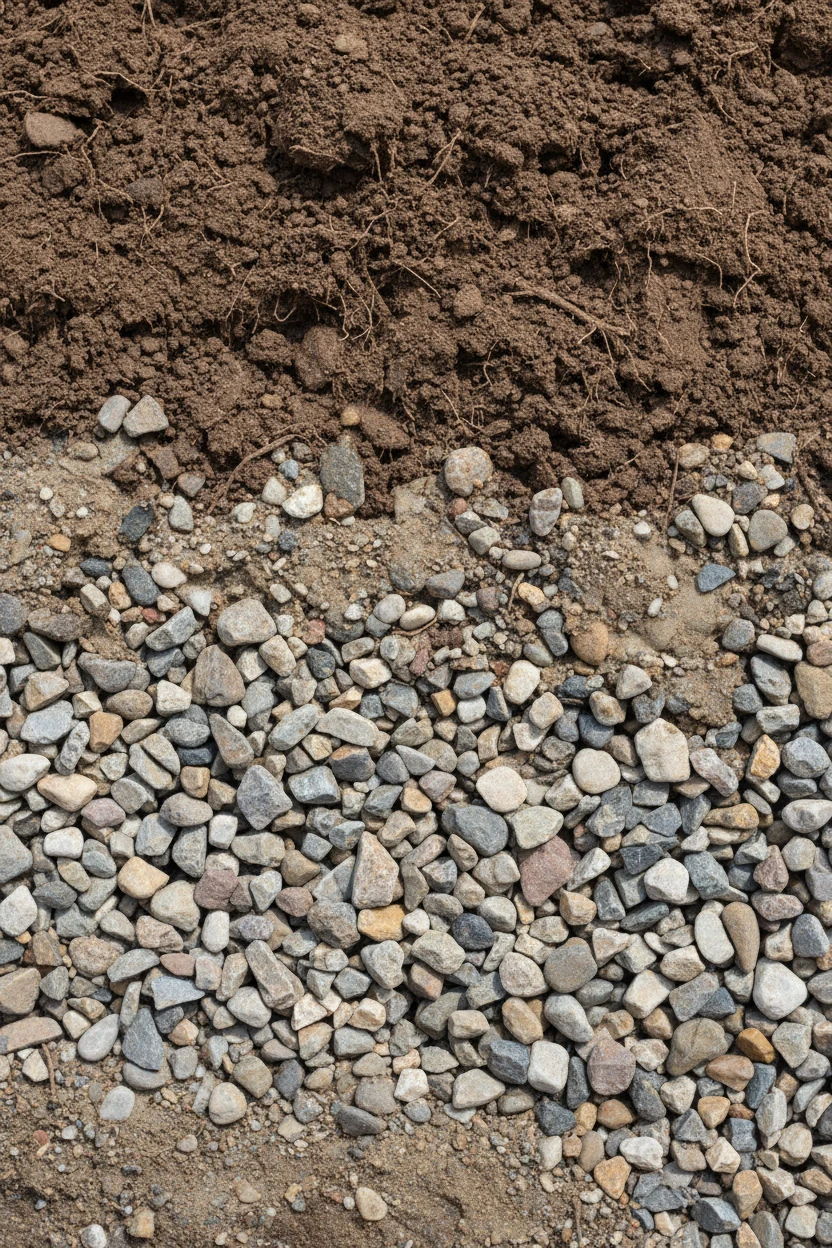 closeup of gravel layer beneath rich brown soil
