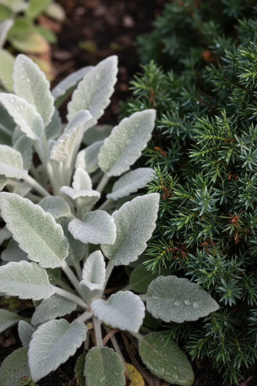 silver lamb’s ear leaves next to deep green juniper foliage