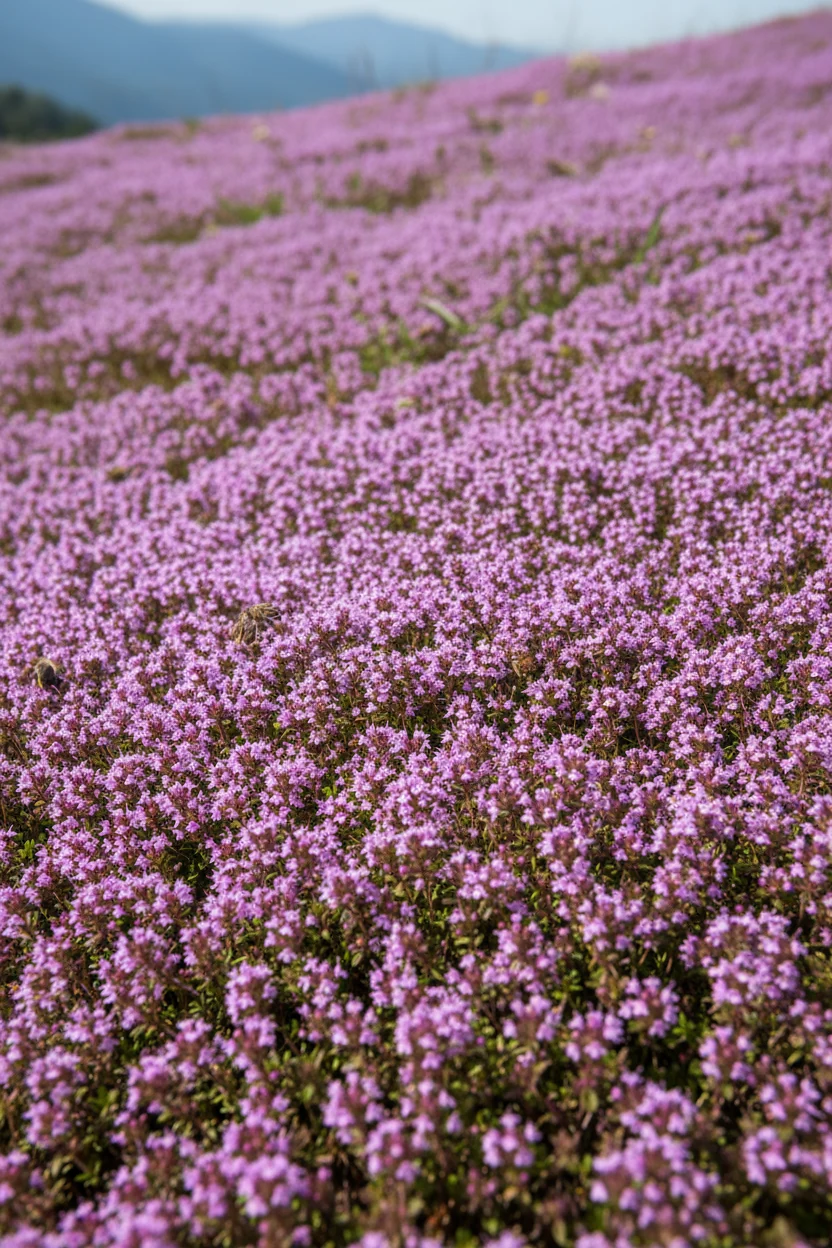 closeup of creeping thyme groundcover with purple blooms on hillside