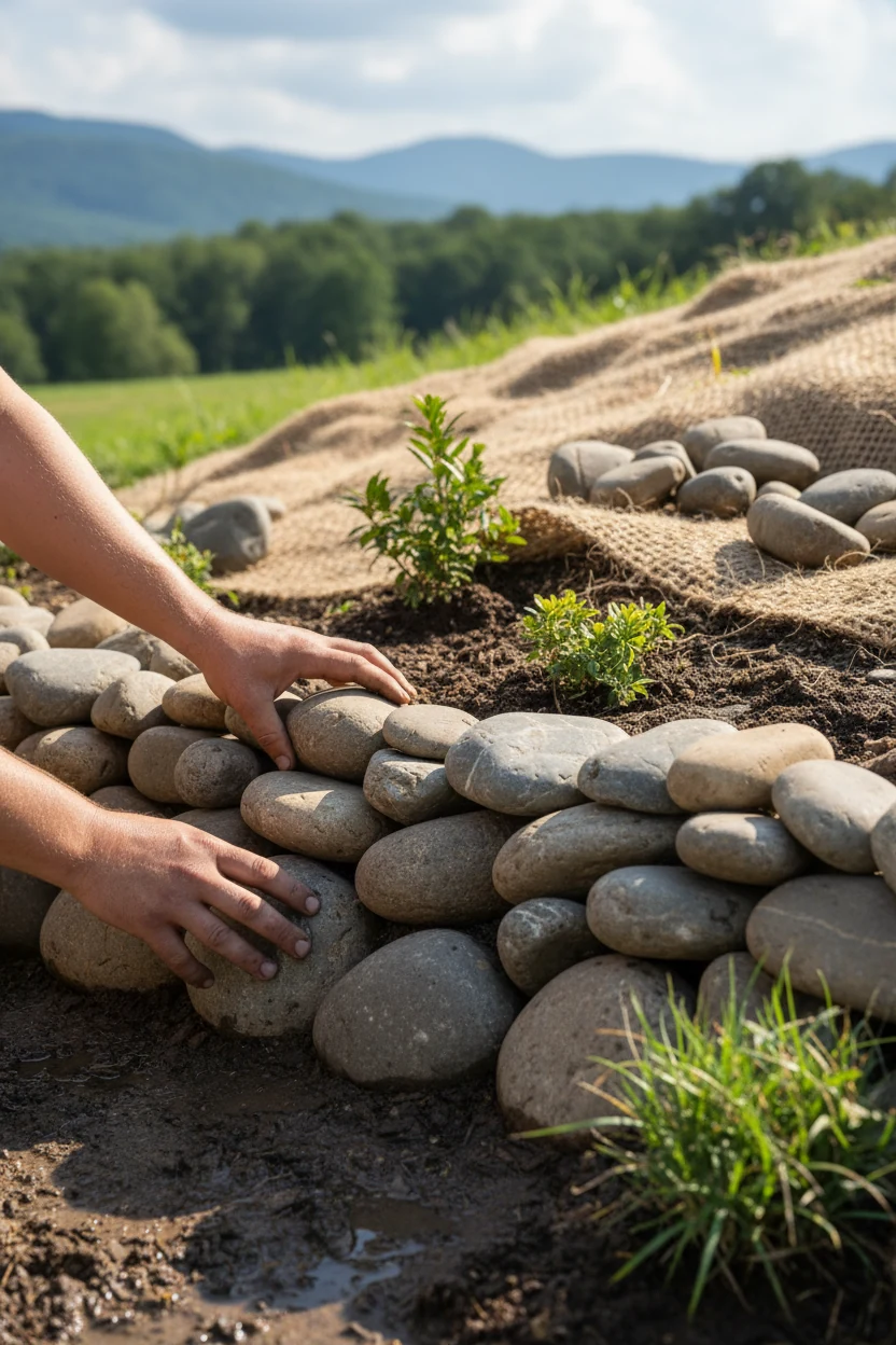 hands placing smooth river rocks for hill erosion control