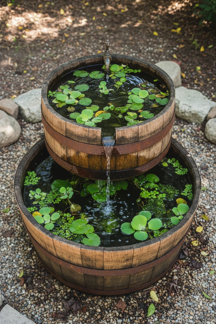 overhead view of rustic whiskey barrel container fountain with floating green plants