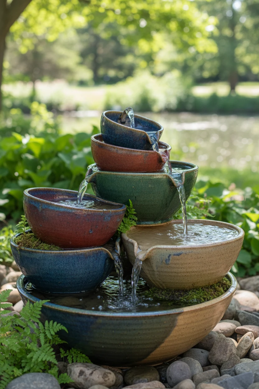 stacked ceramic bowls with flowing water outdoors