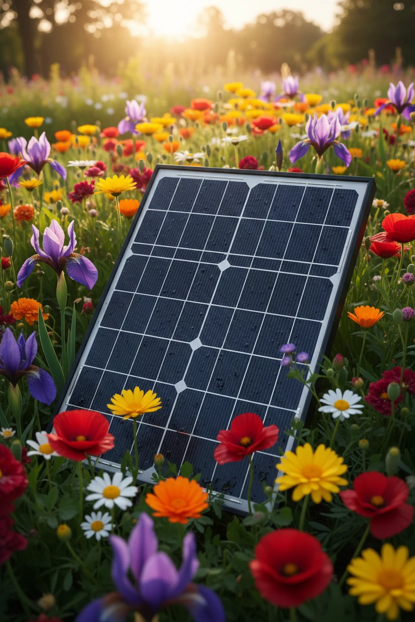 closeup of black solar panel positioned among blooming flower bed