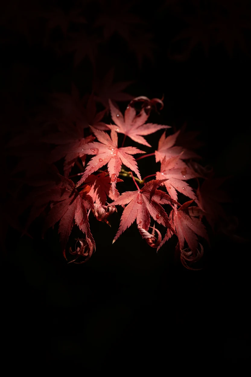 spotlight illuminating deep red Japanese maple leaves against dark background