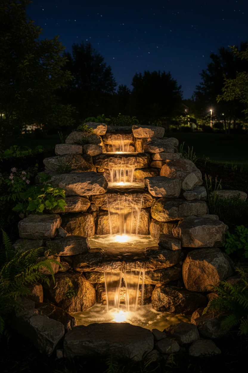 nighttime view of organic stone cascade fountain lit with warm underwater LEDs