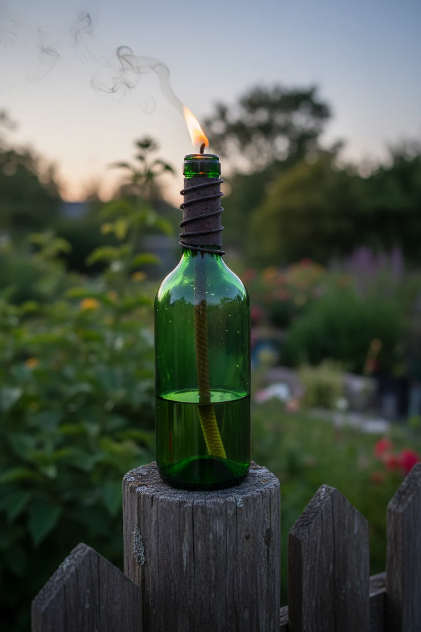 green glass wine bottle torch with metal wick holder burning softly on garden fence post