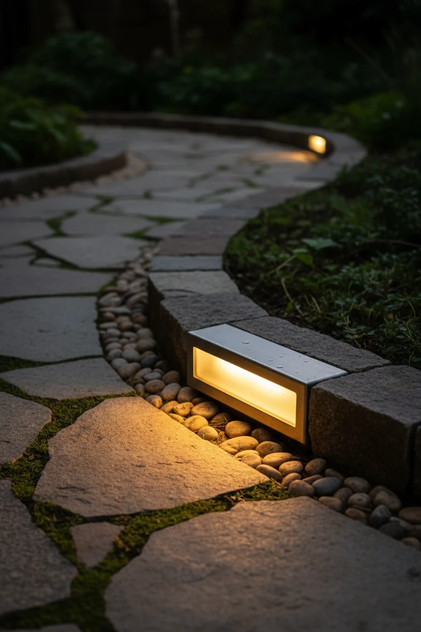 closeup of recessed pathway light glowing along curved stone walkway