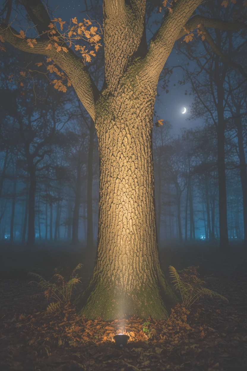 ground-level spotlight illuminating textured tree bark at night
