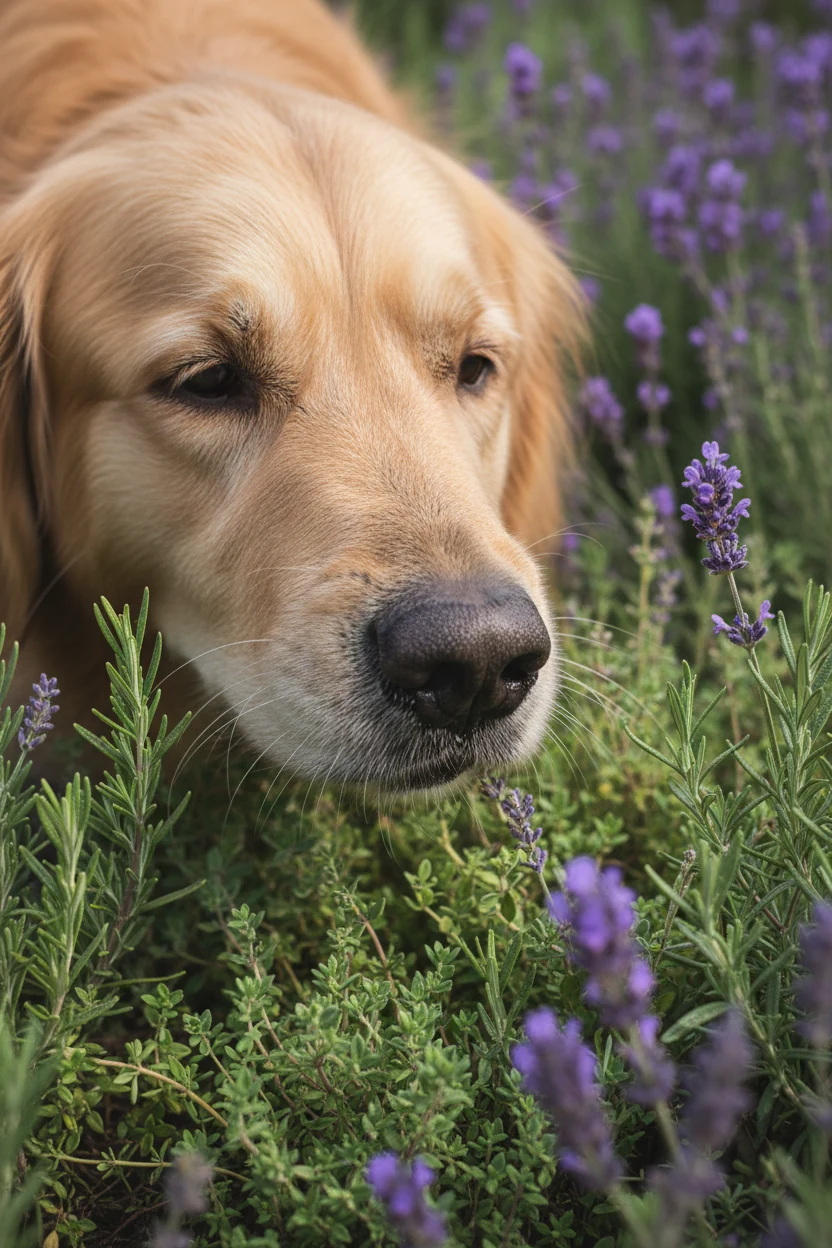 closeup dog nose sniffing thyme, purple lavender, rosemary bed