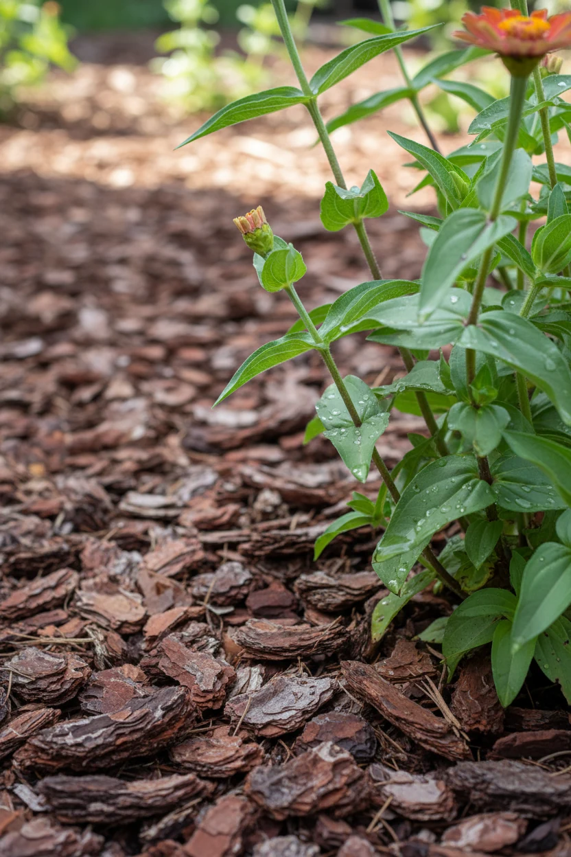 detail shot of pine bark mulch beside zinnia stems