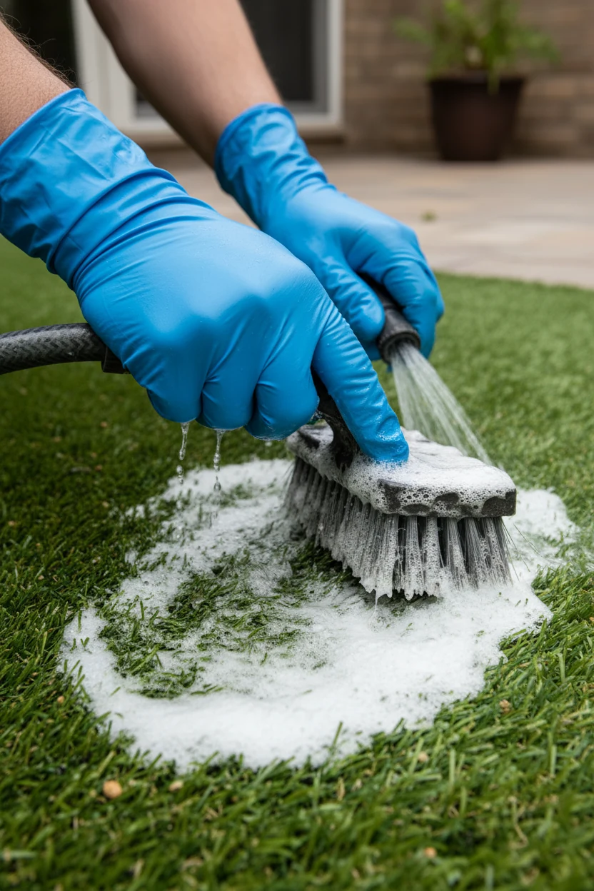 closeup gloved hands scrubbing green pet turf with foaming cleaner