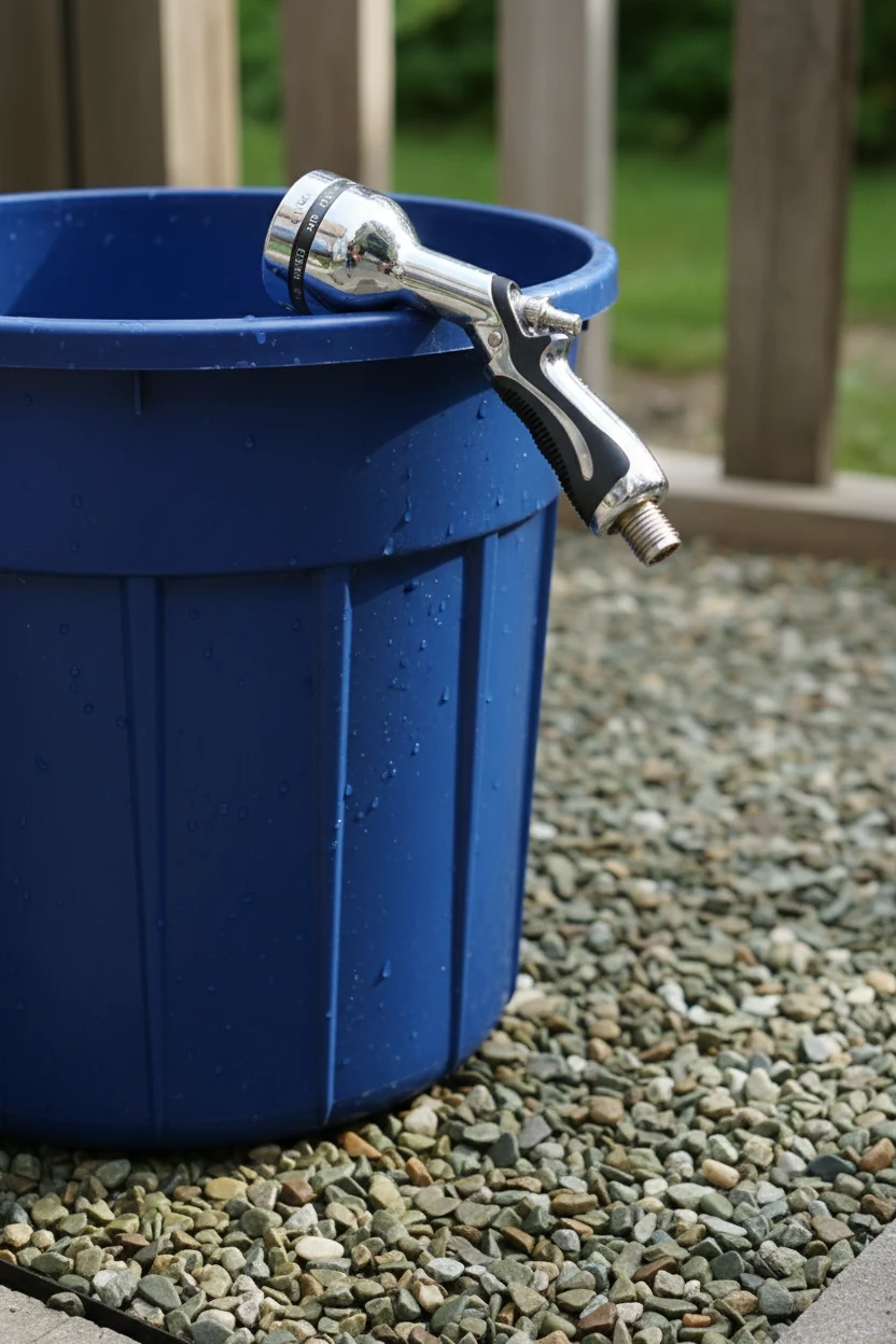 3. closeup blue plastic bin, chrome hose nozzle, pea gravel pad