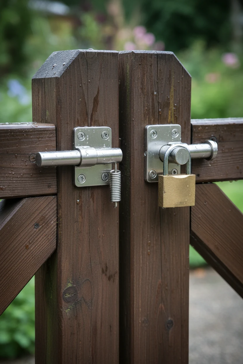 Closeup self-closing hinge and lockable latch on wooden gate