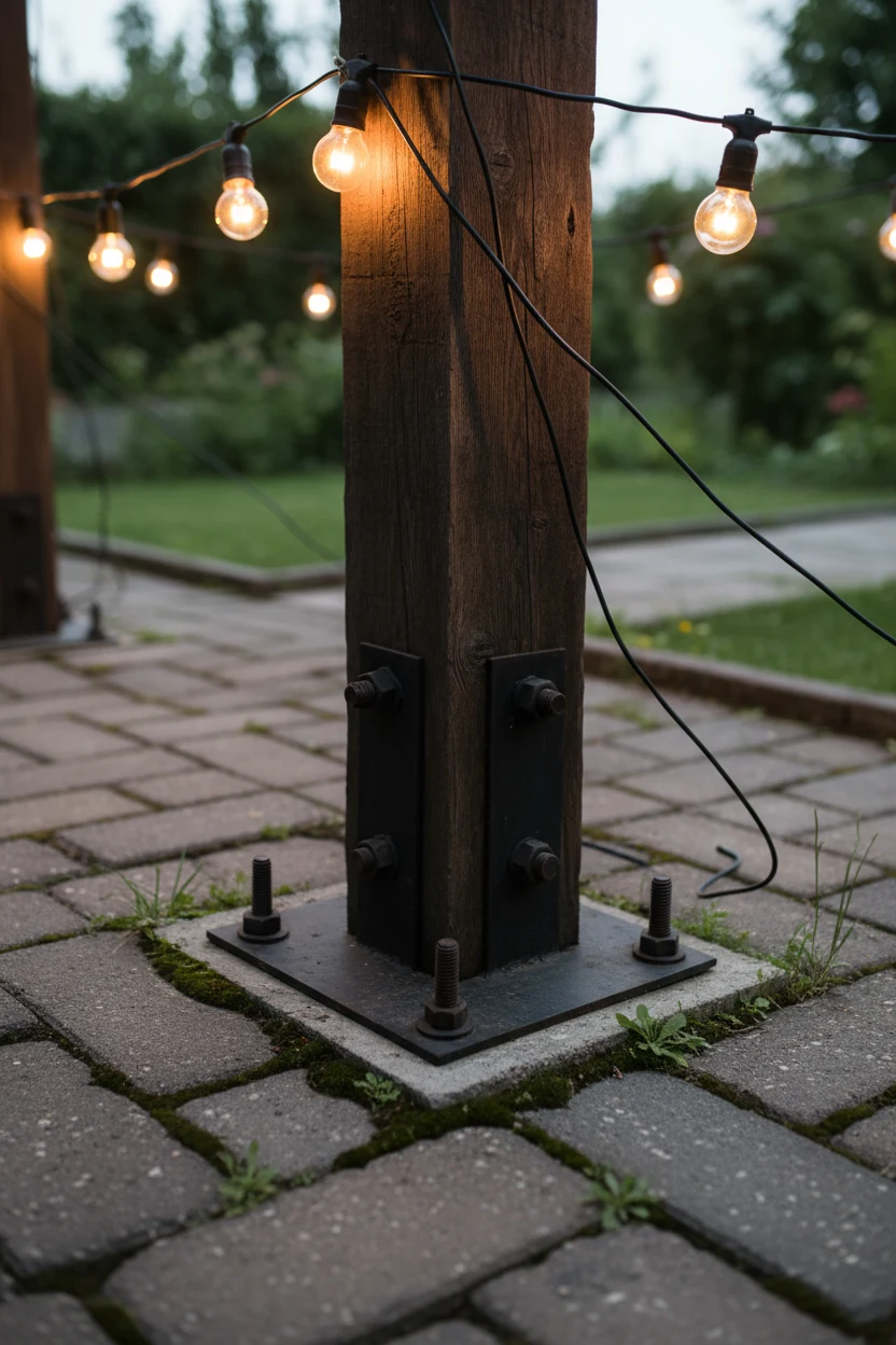closeup pergola post base anchored between pavers, string lights