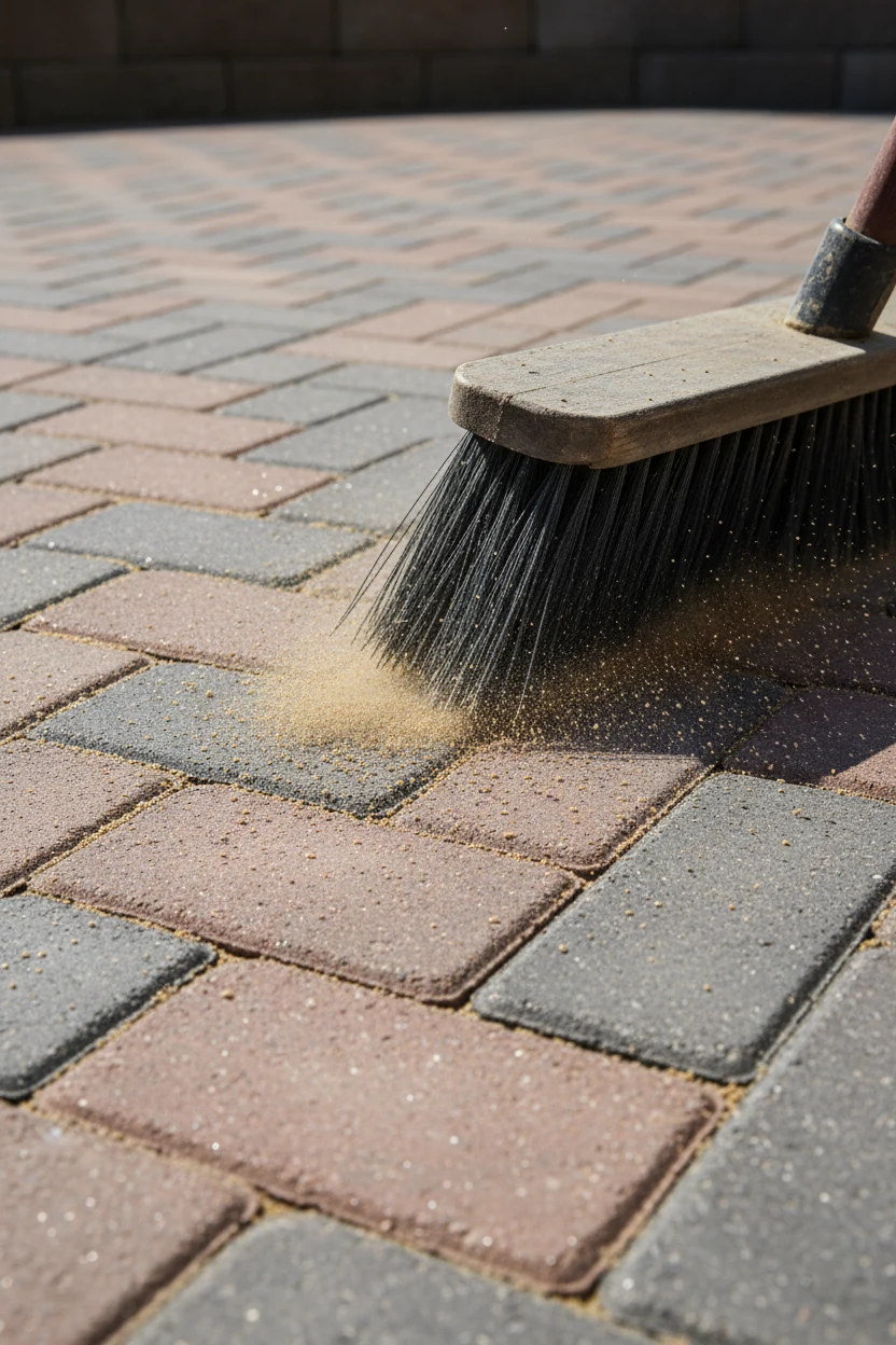 closeup broom sweeping polymeric sand into running-bond pavers
