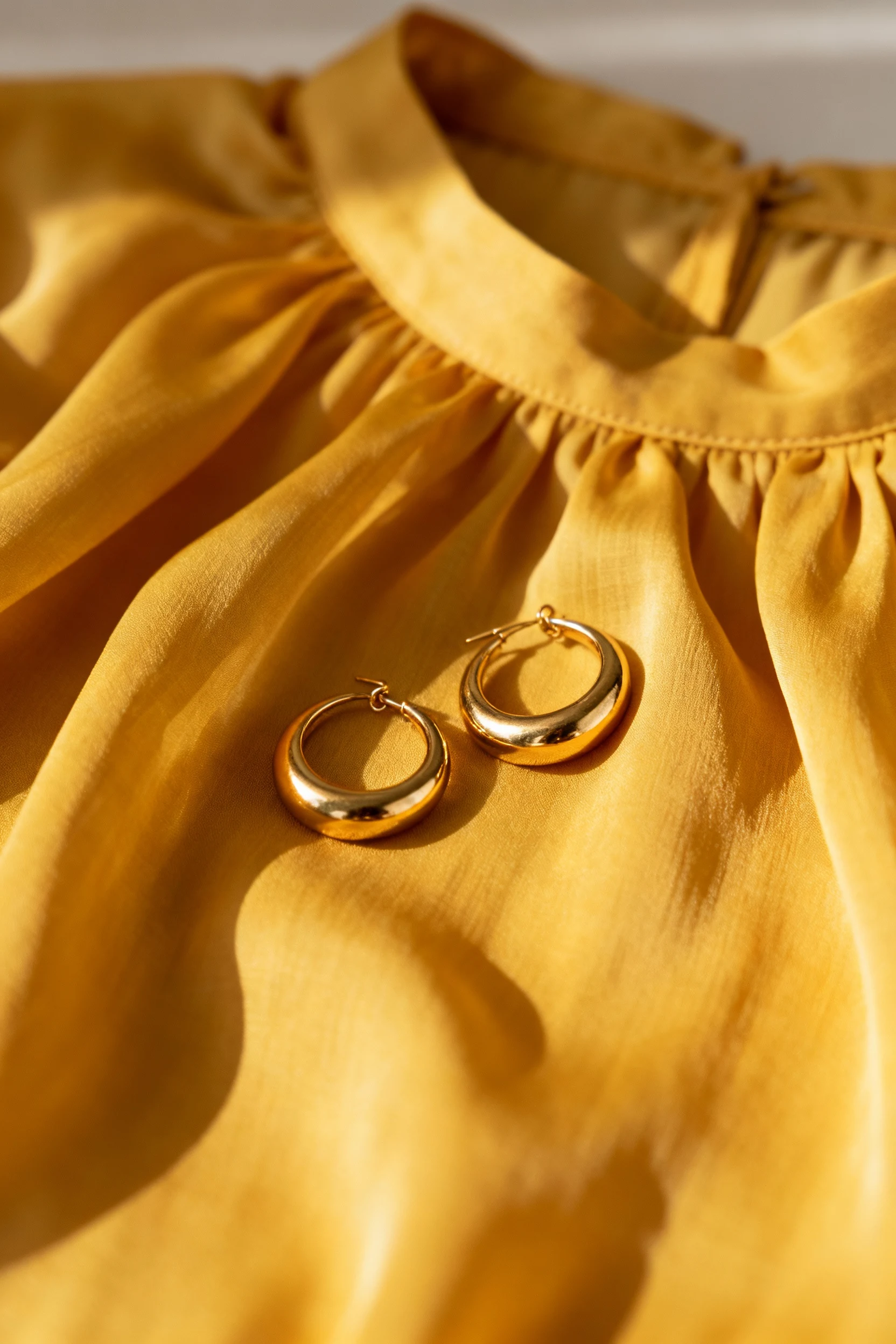 closeup of buttery yellow chiffon blouse with gold hoop earrings,