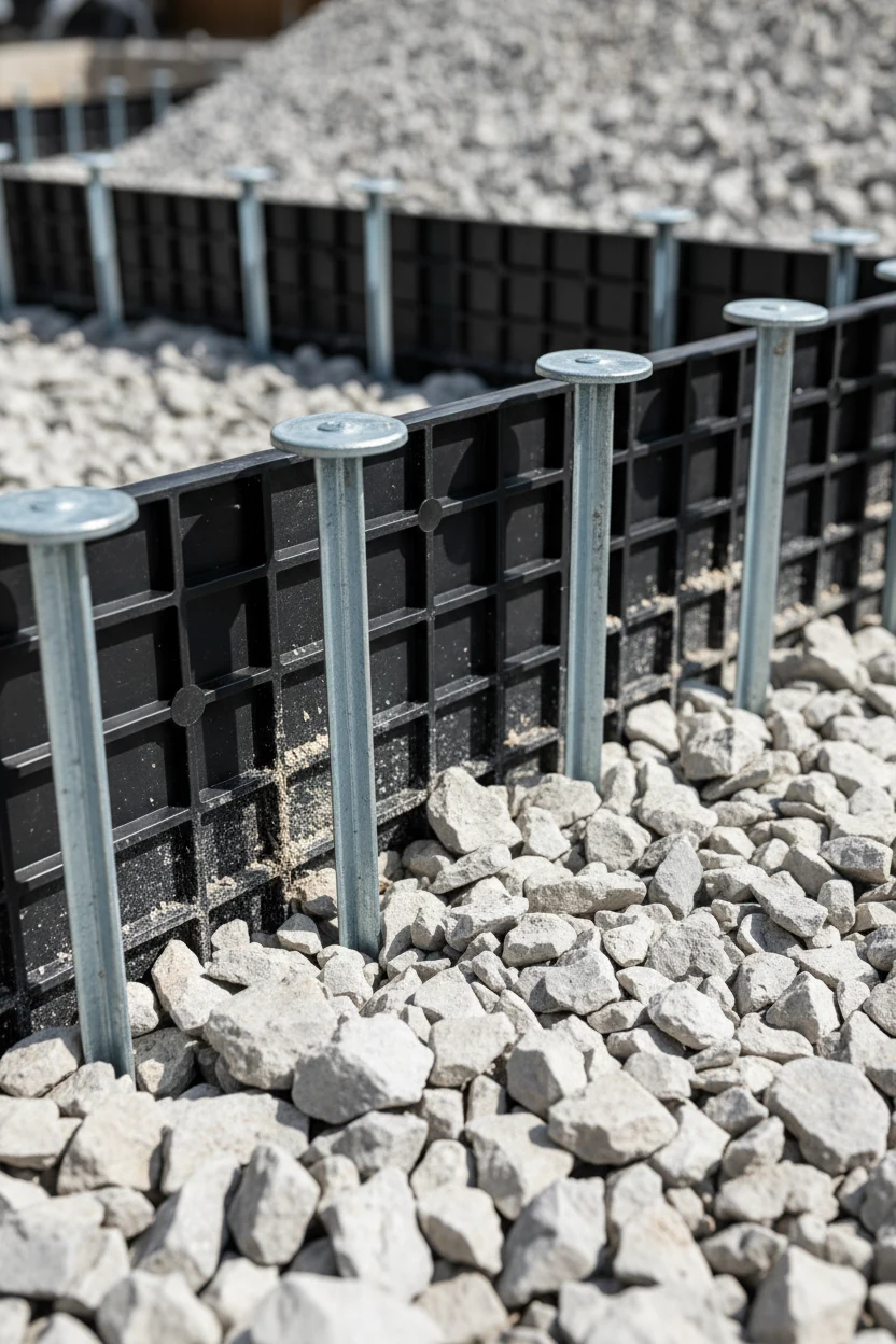 closeup black paver edging restraint spiked into crushed stone base