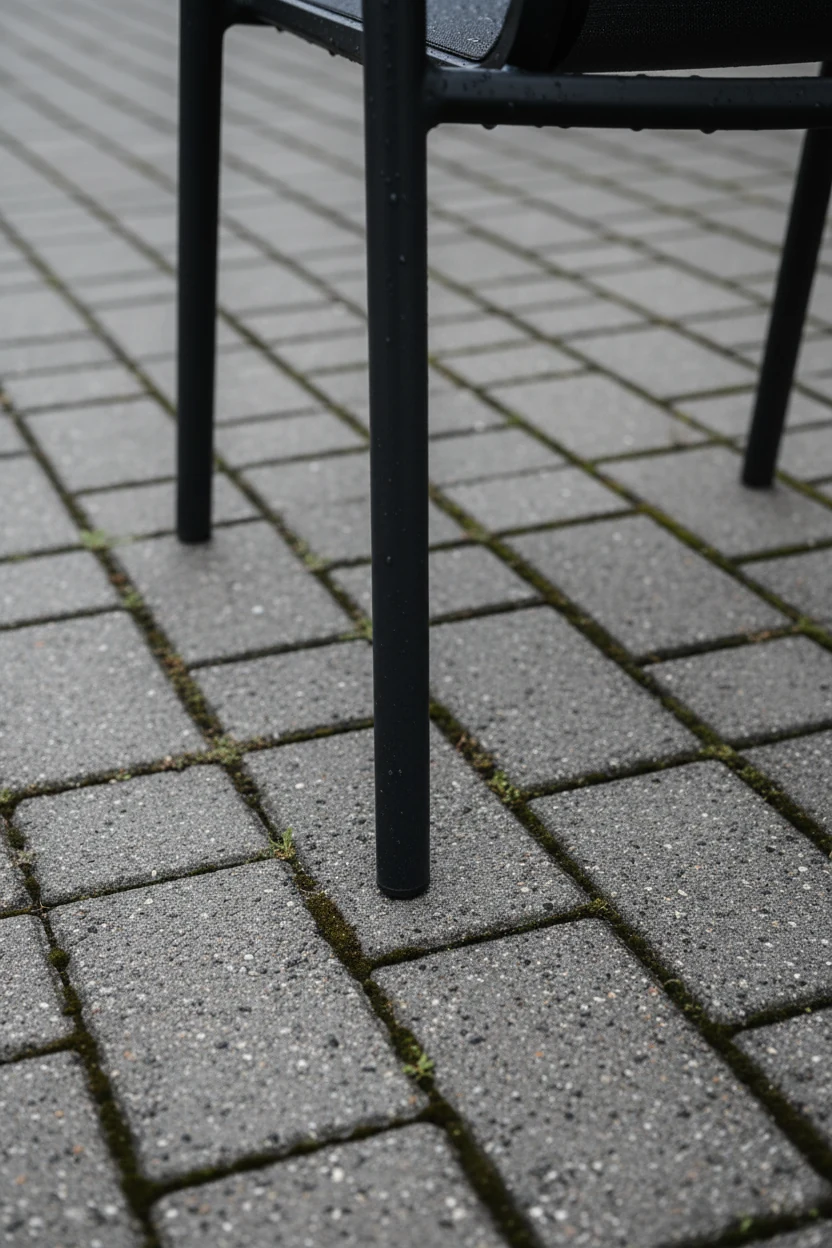 closeup powder-coated black metal chair legs on paver grid