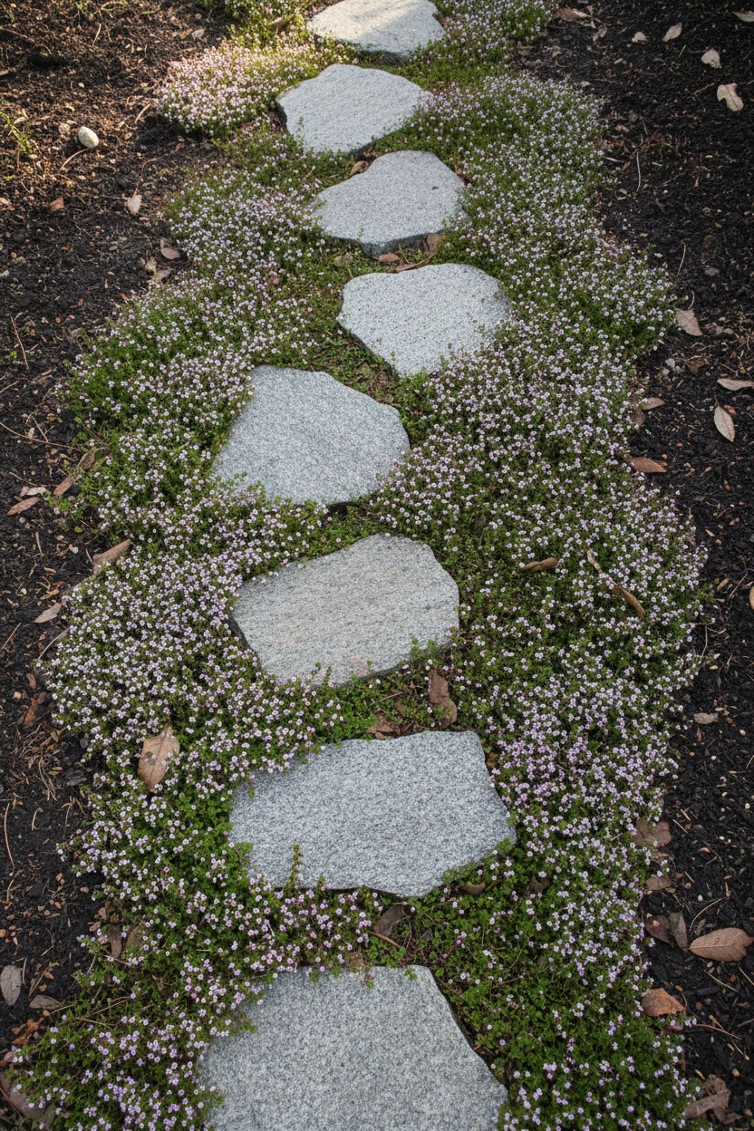 overhead gray stepping stones with creeping thyme between