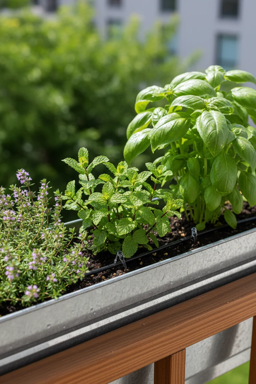 closeup herb rail planter, thyme mint basil, drip line