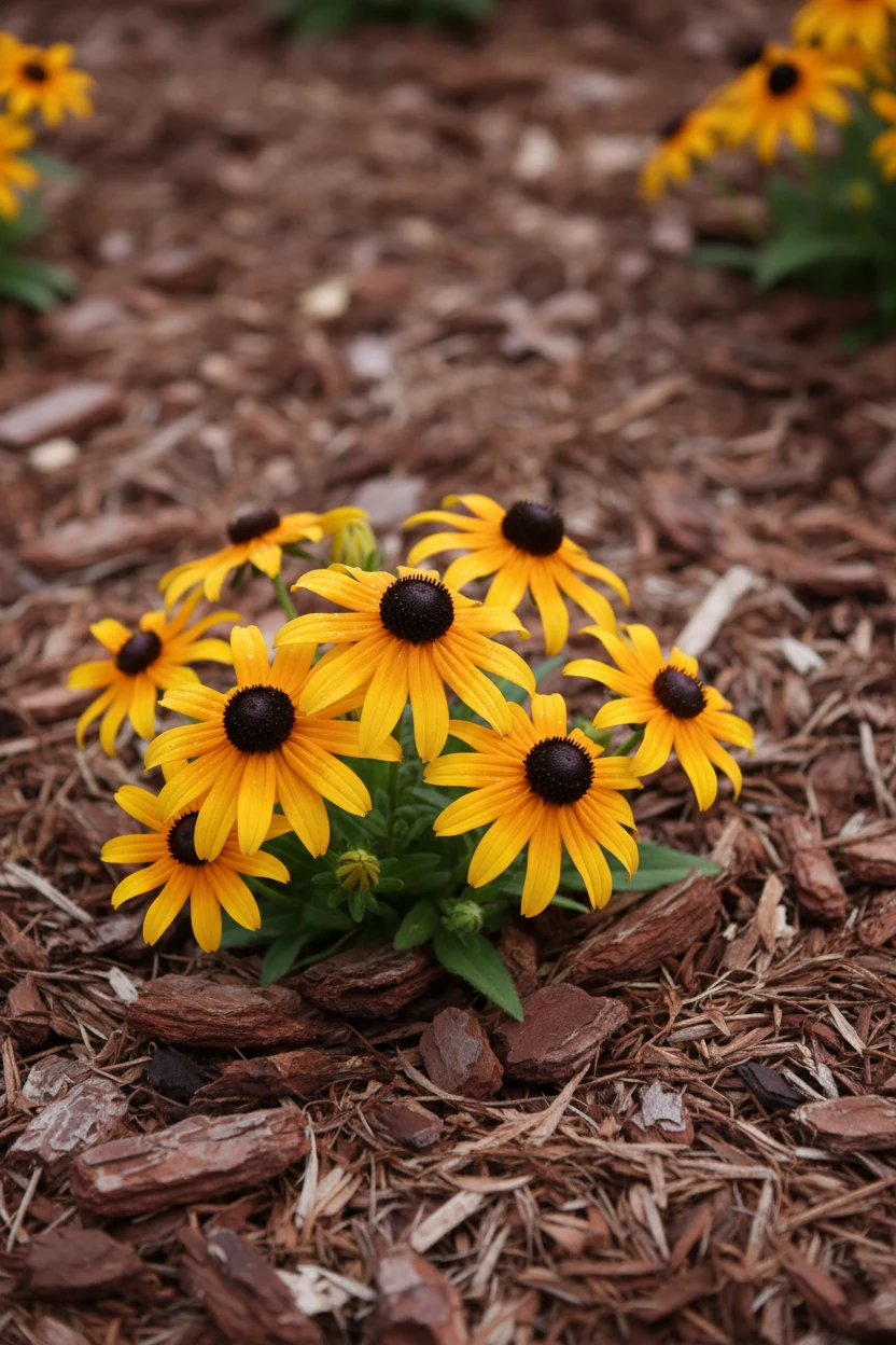 closeup shredded bark mulch around clustered yellow black-eyed Susans
