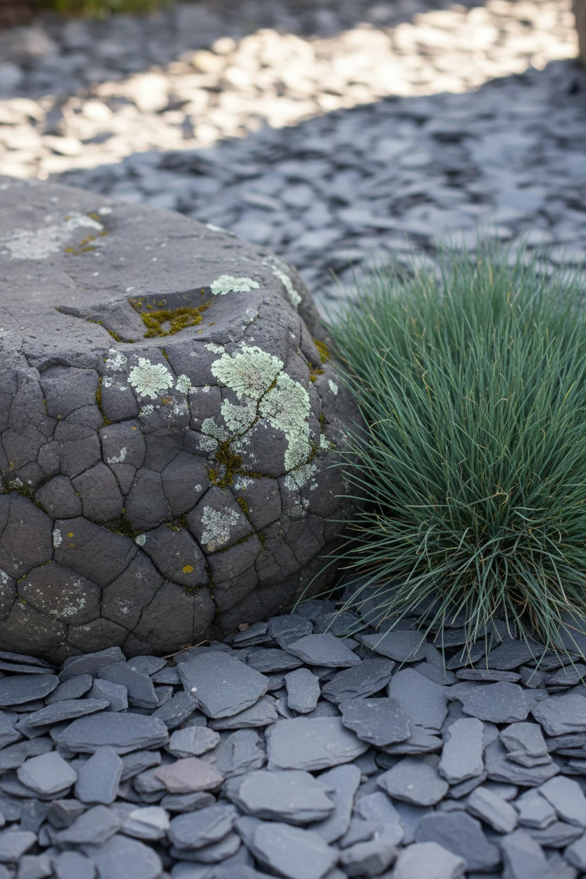 closeup basalt boulder beside blue fescue in slate chips