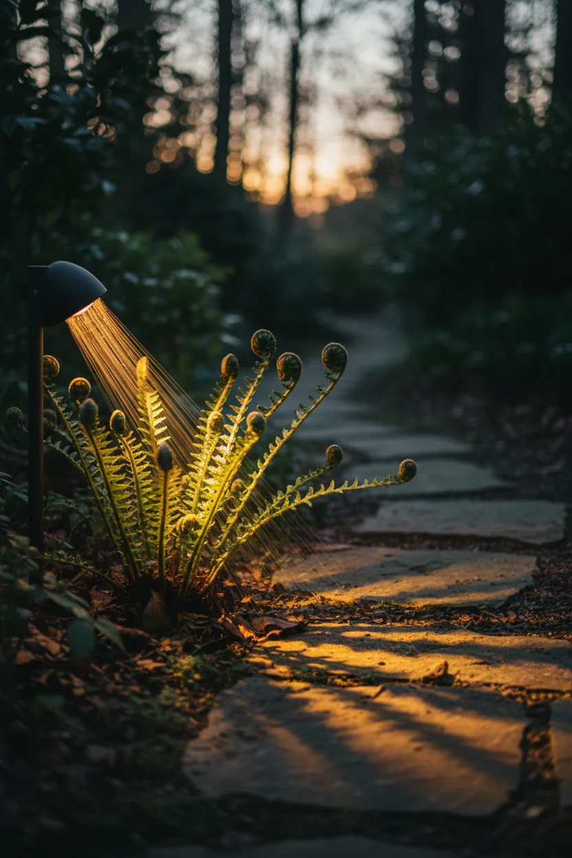 Warm path light raking across fern fronds at dusk