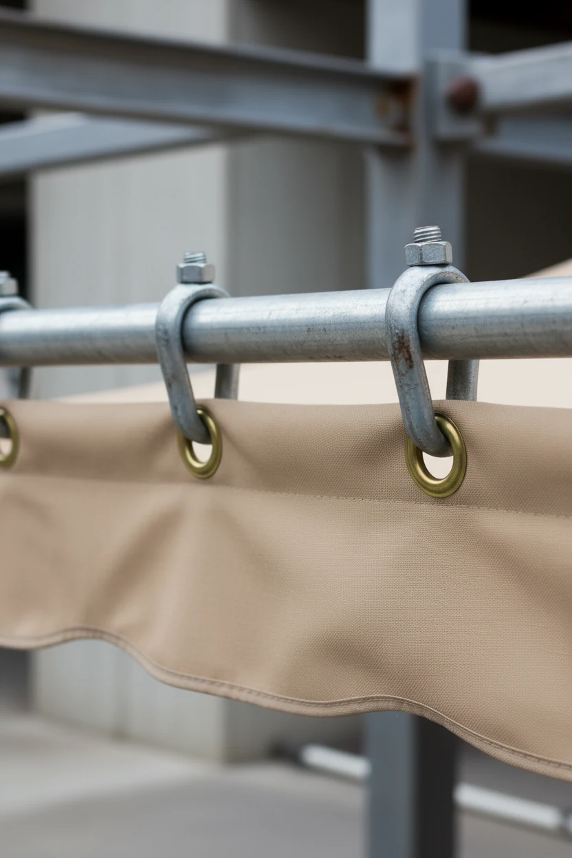 3. closeup EMT conduit rail with U-bolts, grommeted beige canopy
