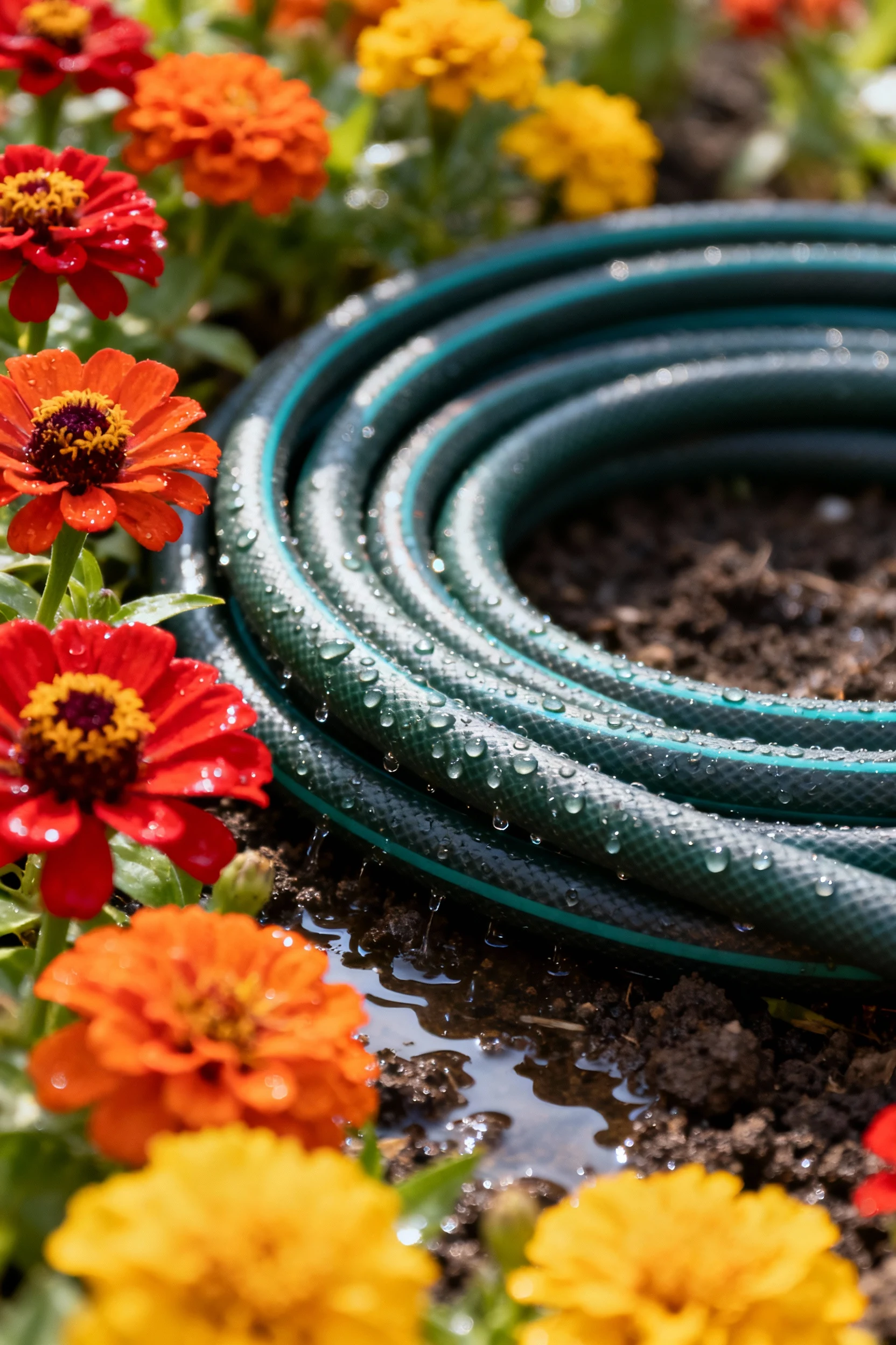 closeup of soaker hose watering zinnias and marigolds