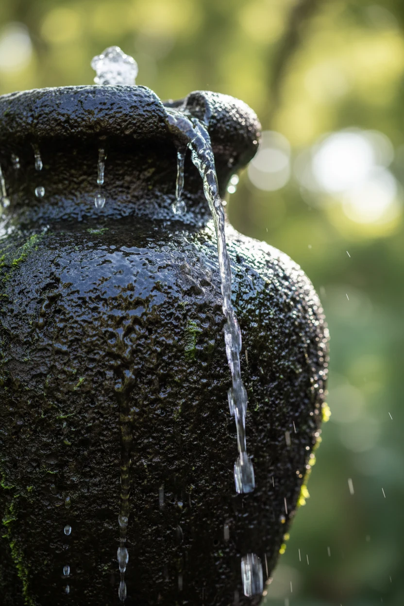 Small urn fountain closeup, water beads on dark stone