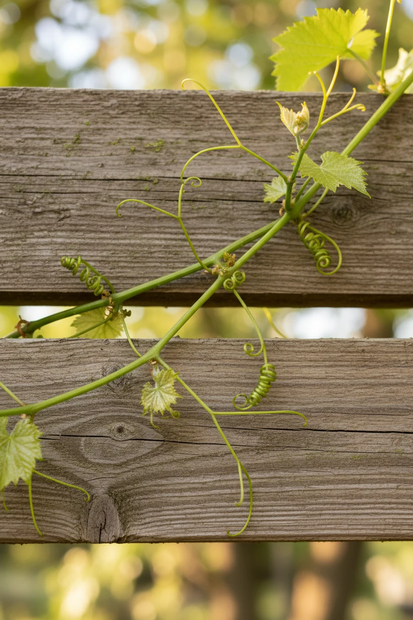 4. closeup grape vine tendrils woven along 2x6 rafters