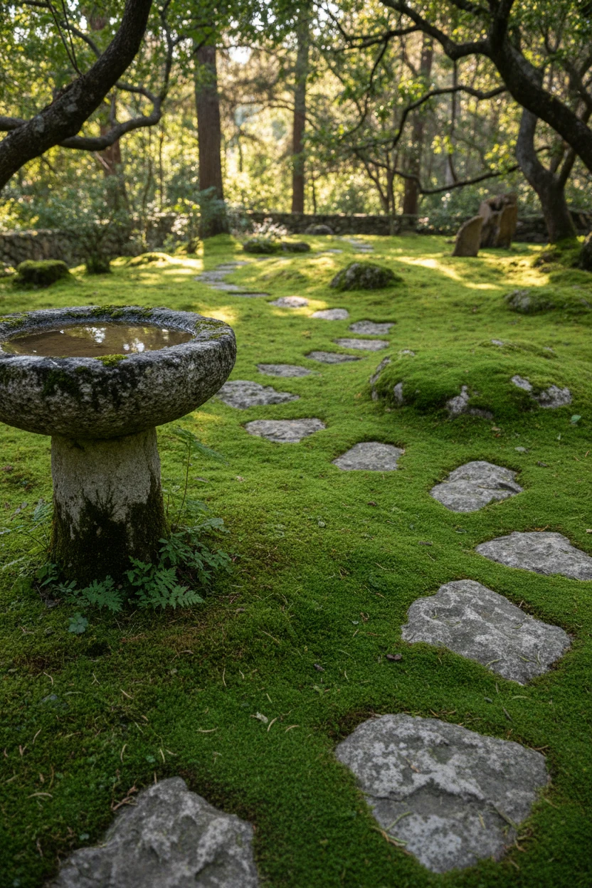 moss lawn with curved stepping stones, weathered stone birdbath